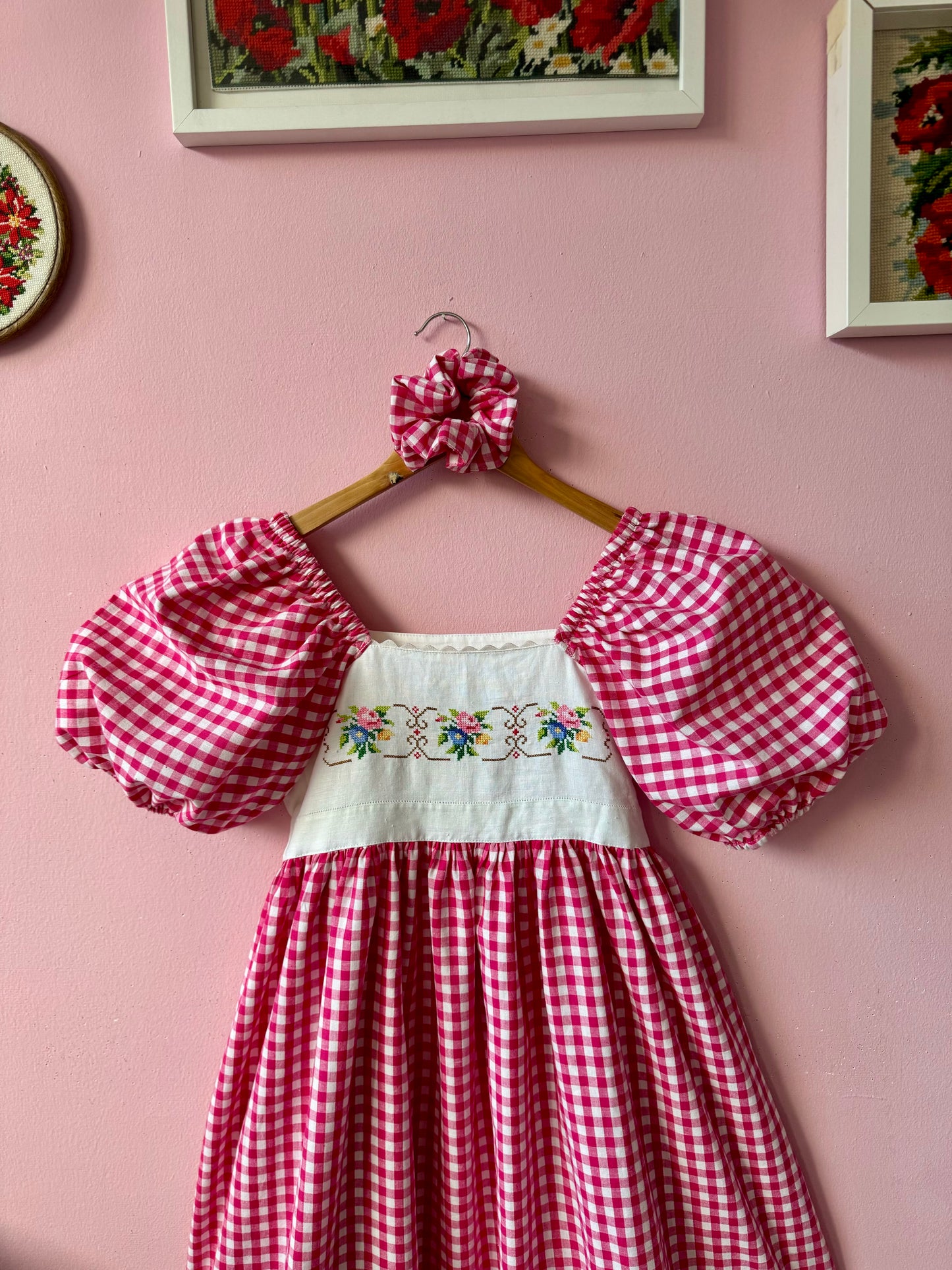 Pink gingham and embroidery dress
