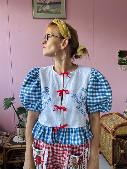 Blue embroidery and gingham blouse