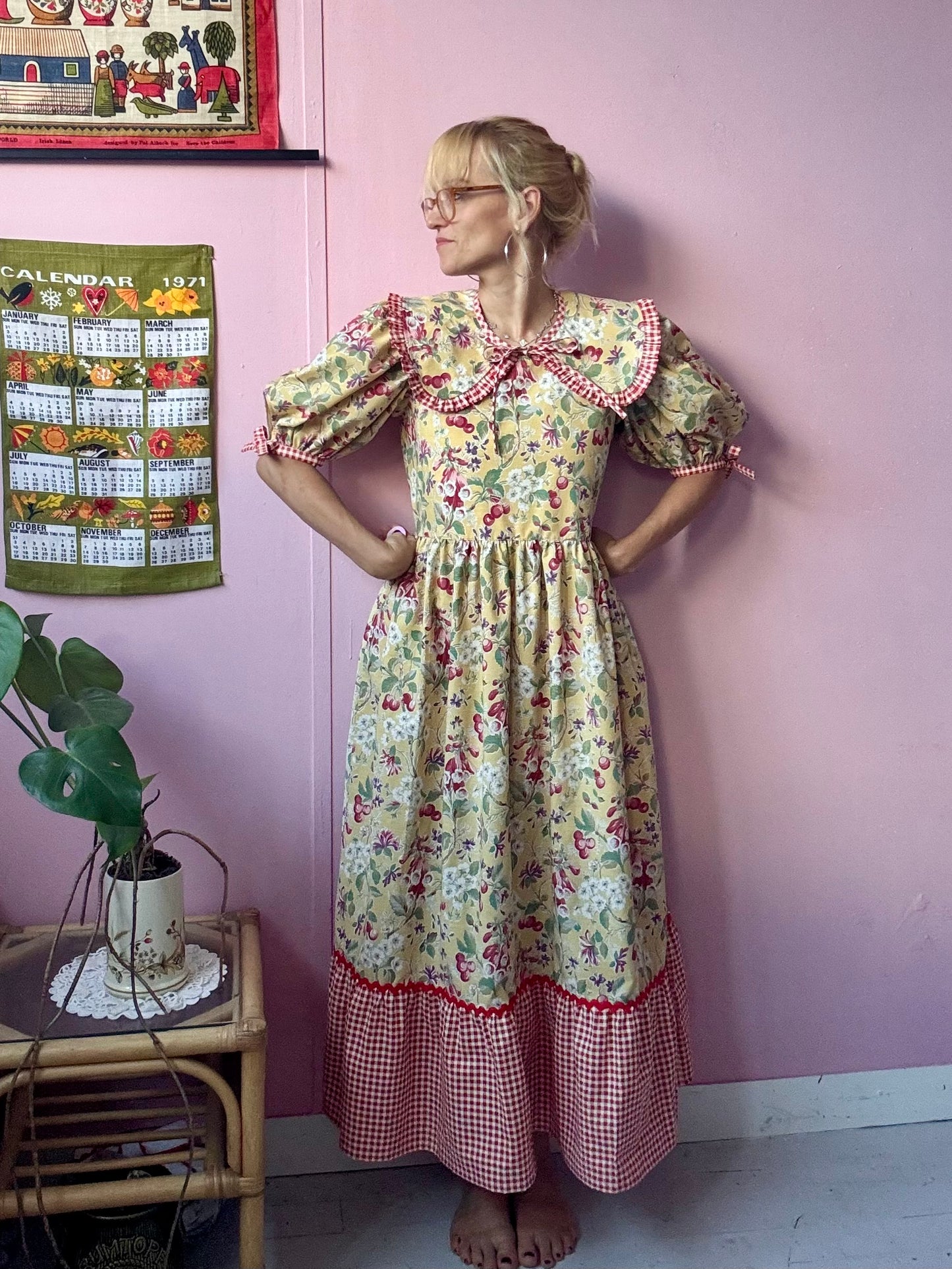 Yellow fruity and gingham dress