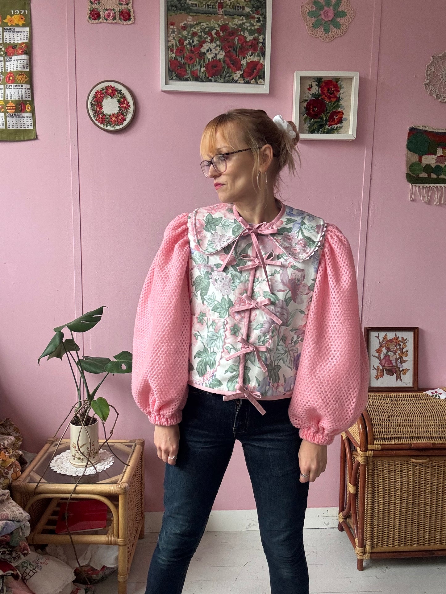 Floral jacket with pink sleeves