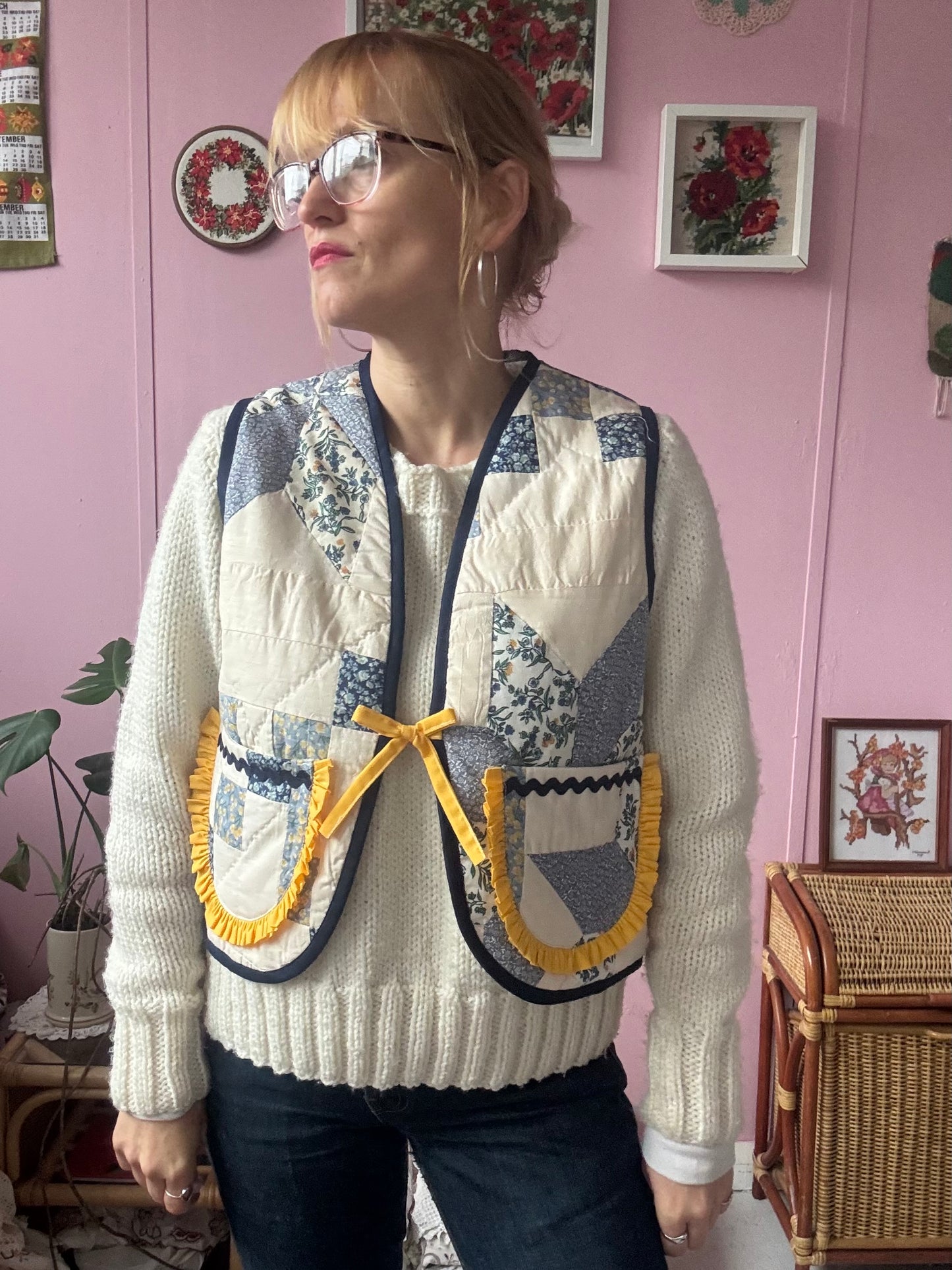 Blue/white vest with yellow trim
