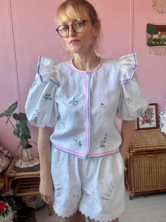 Linen blouse with pink and lilac ric rac