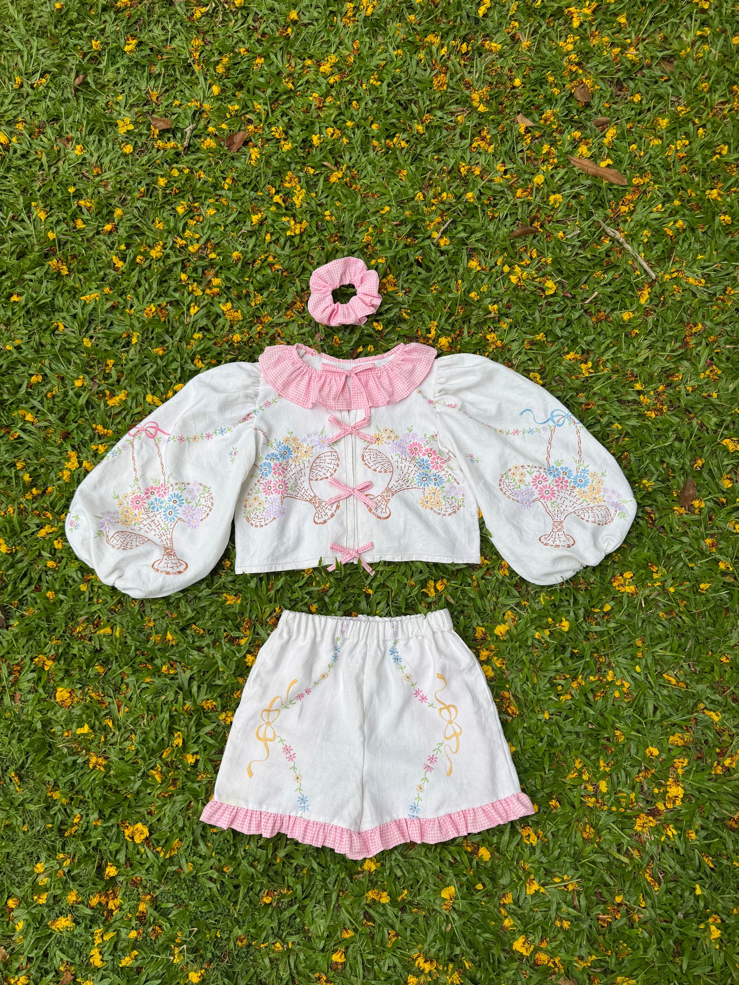 Embroidery and pink gingham shorts set