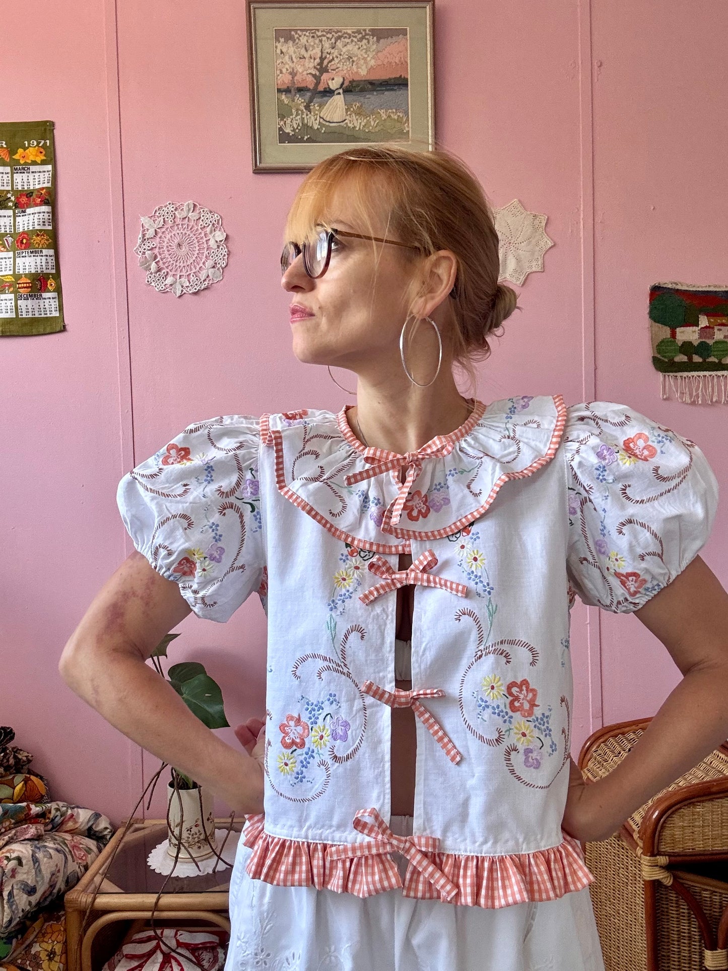 Floral blouse with orange gingham