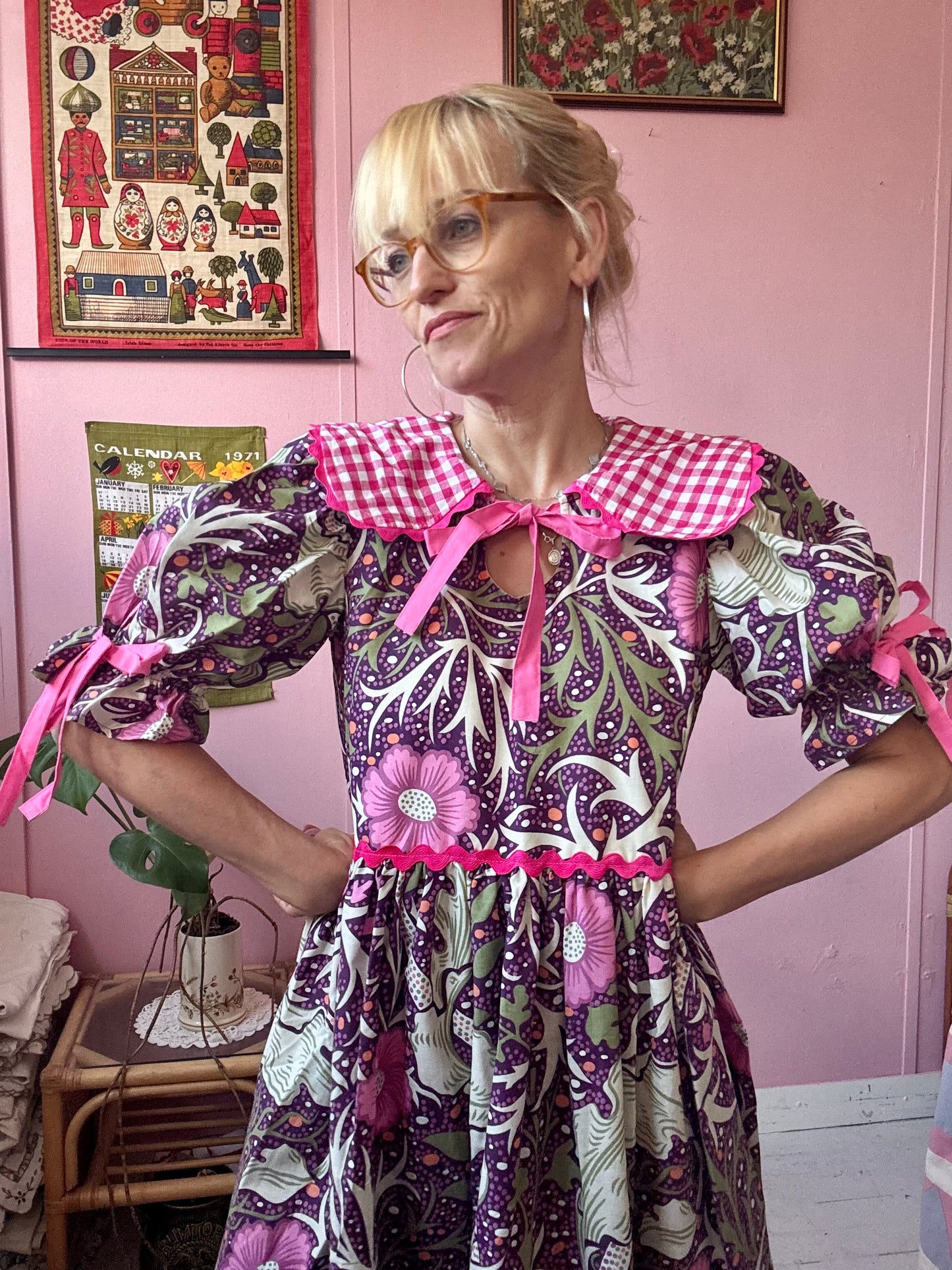 William Morris and cerise gingham dress