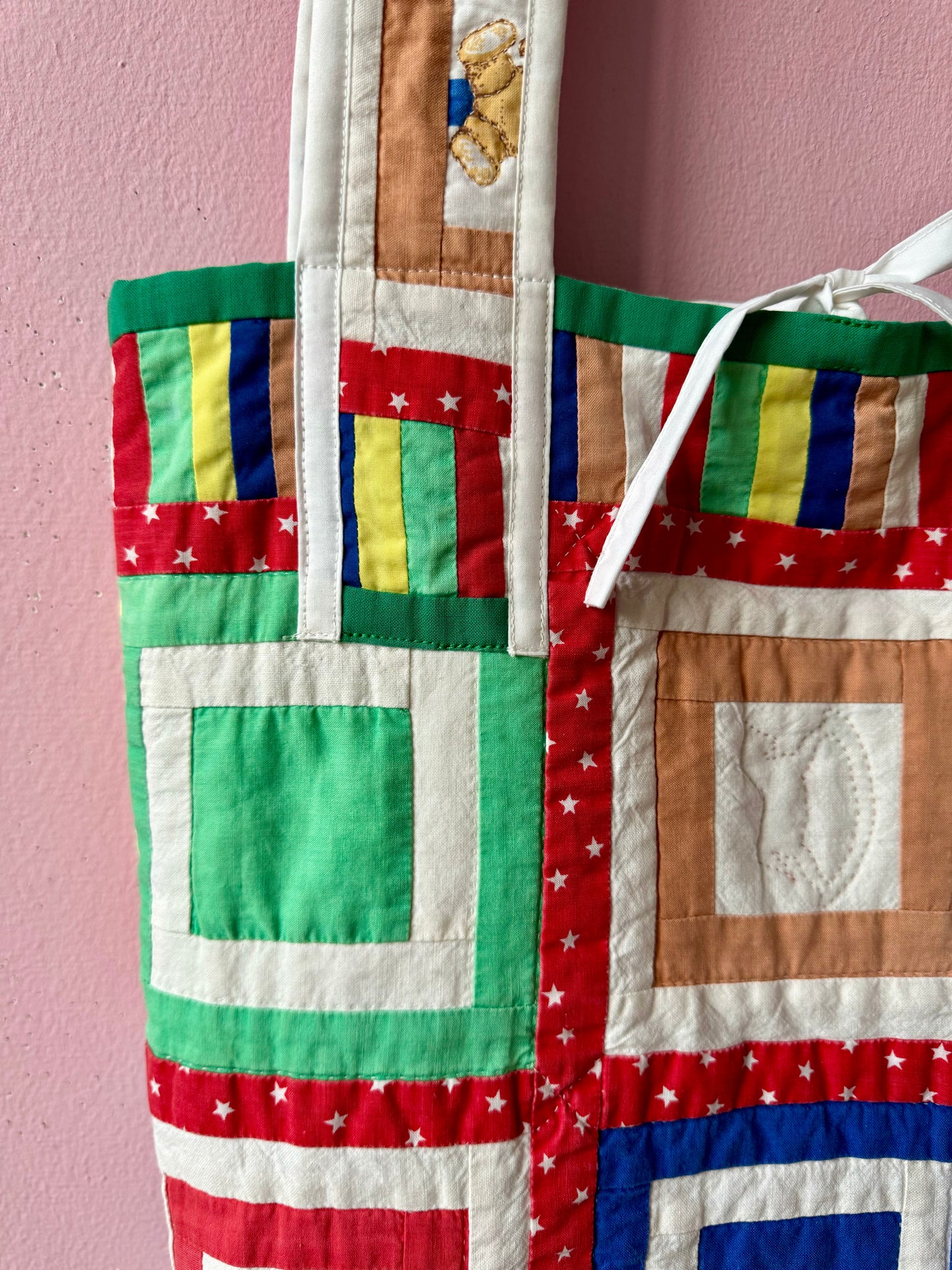 Patchwork with bear ls tote bag