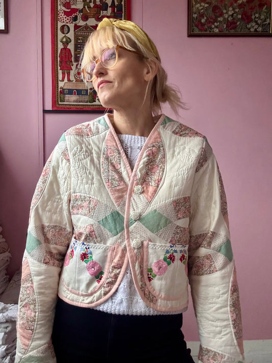 Patchwork jacket with floral pockets