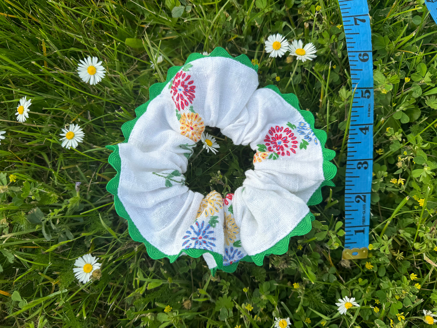 Floral embroidery scrunchie with green ric rac