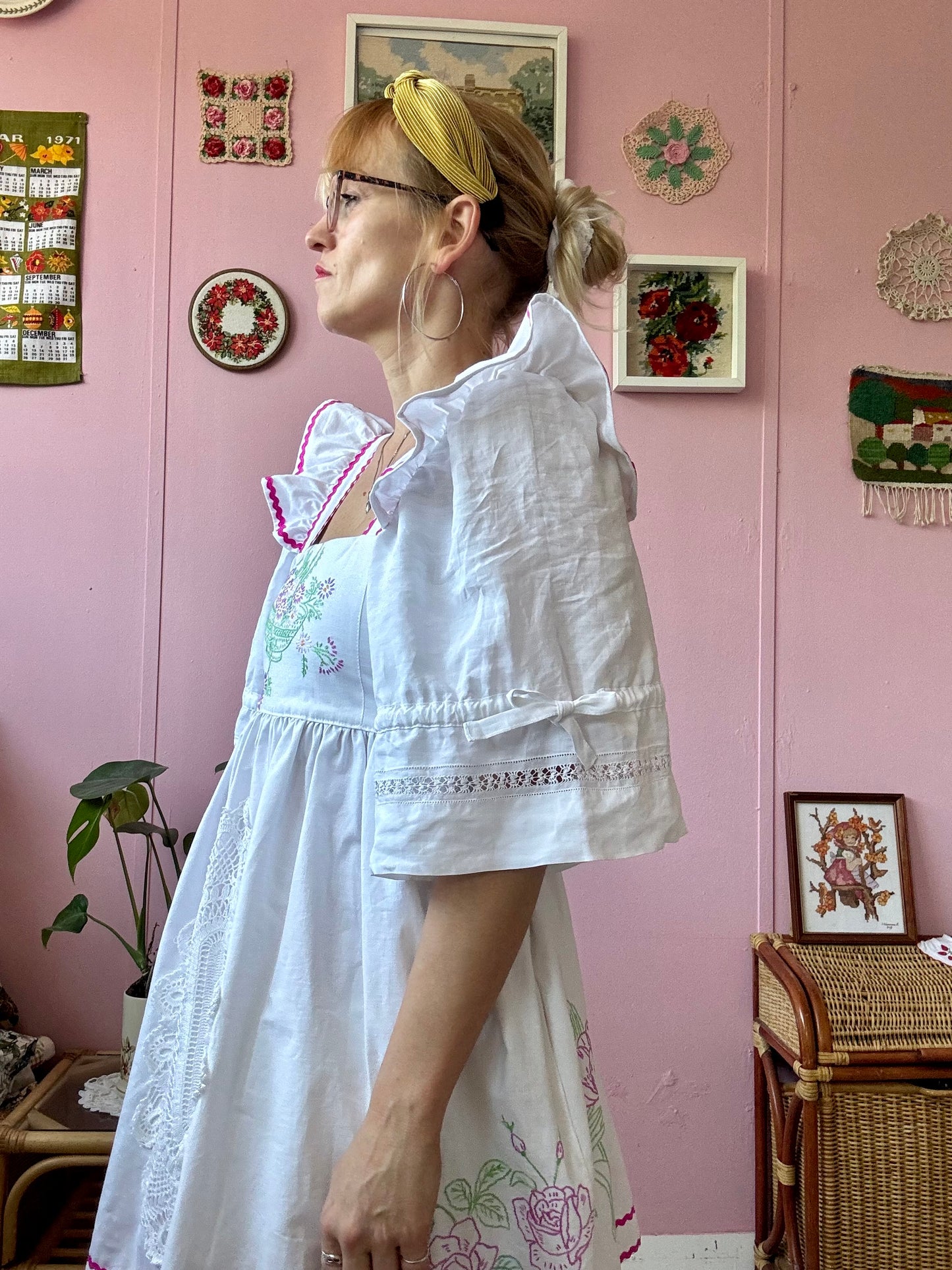 White dress with lace,pink roses and ric rac