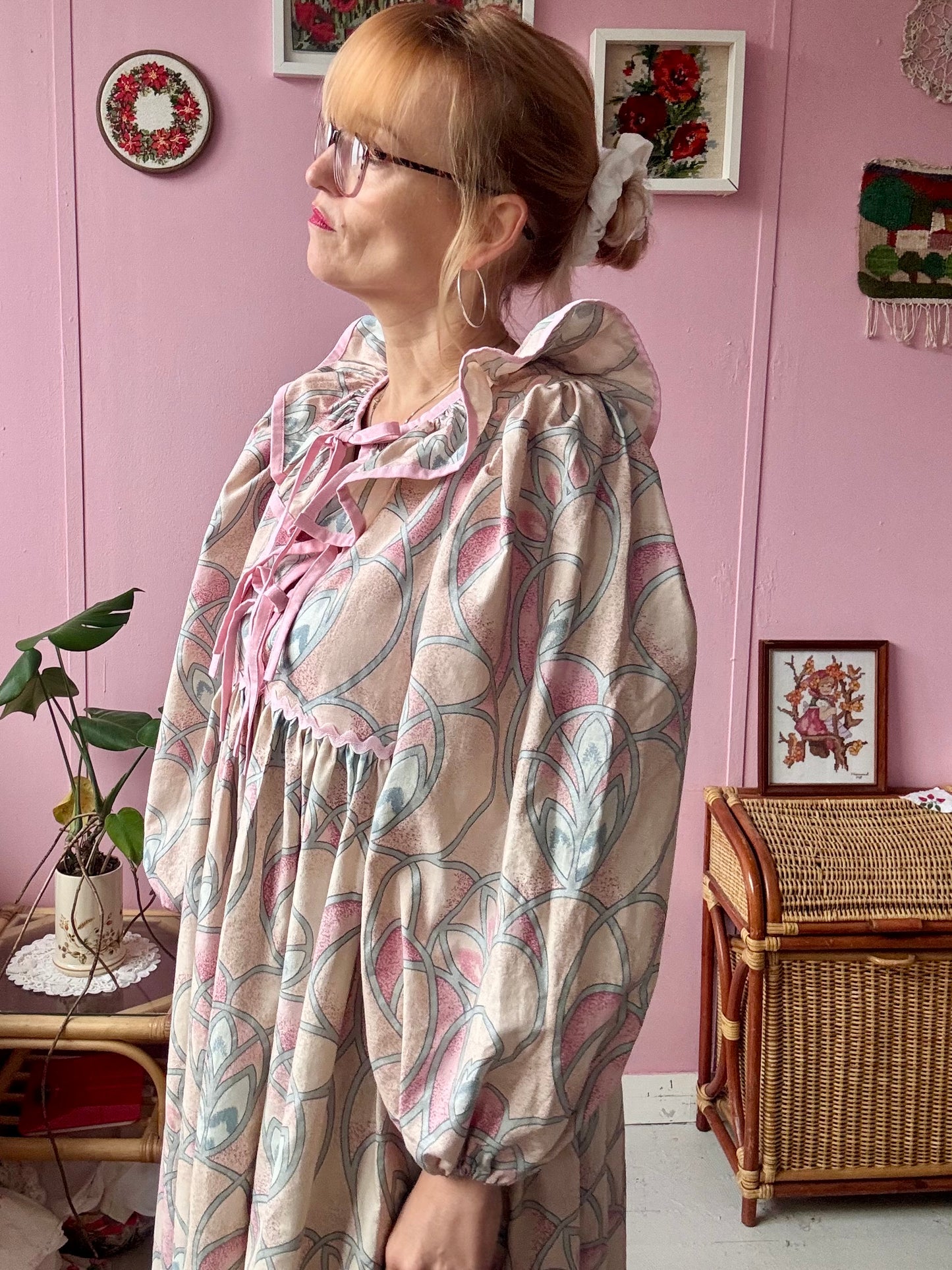 Peach/pink and silver maxi dress with long sleeves