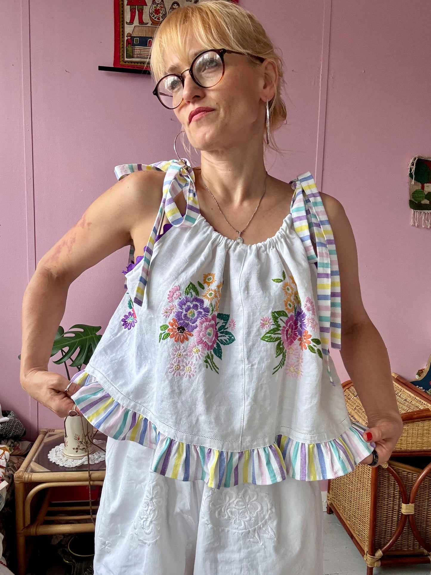 Floral top with stripes straps