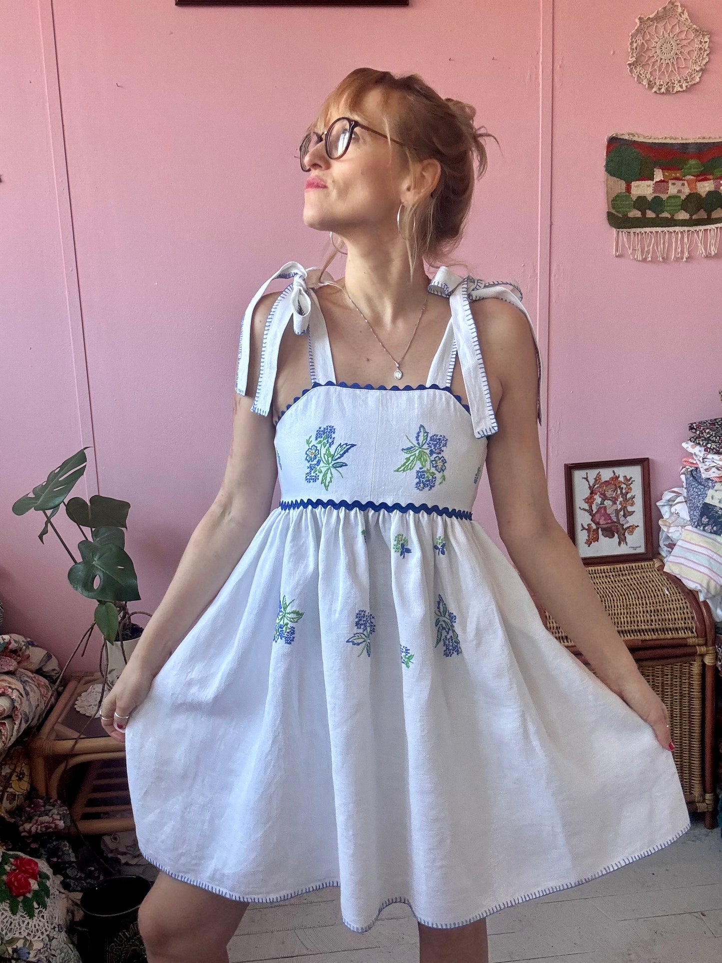 Linen  mini dress with blue floral embroidery