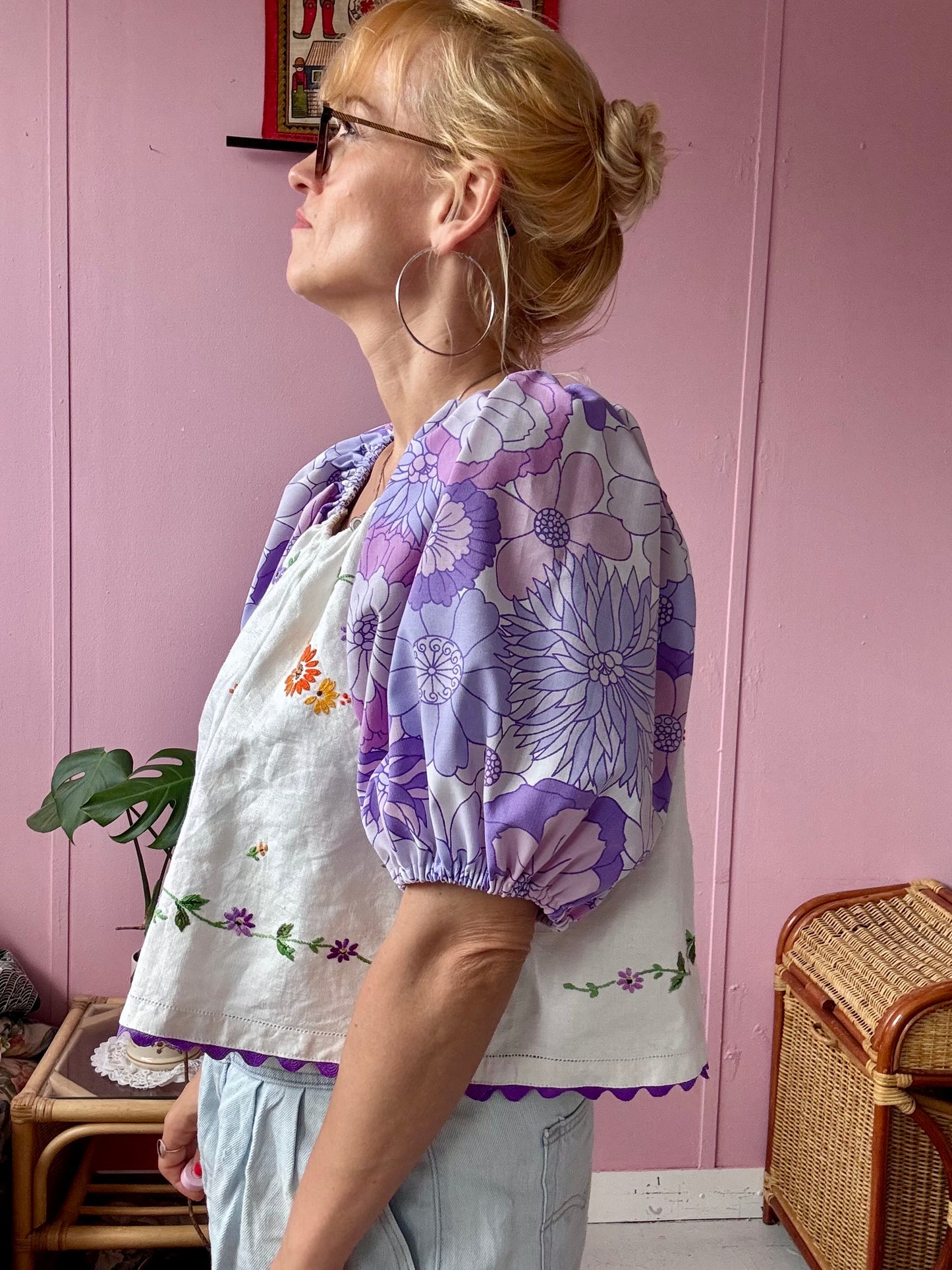 Floral blouse with purple floral sleeves