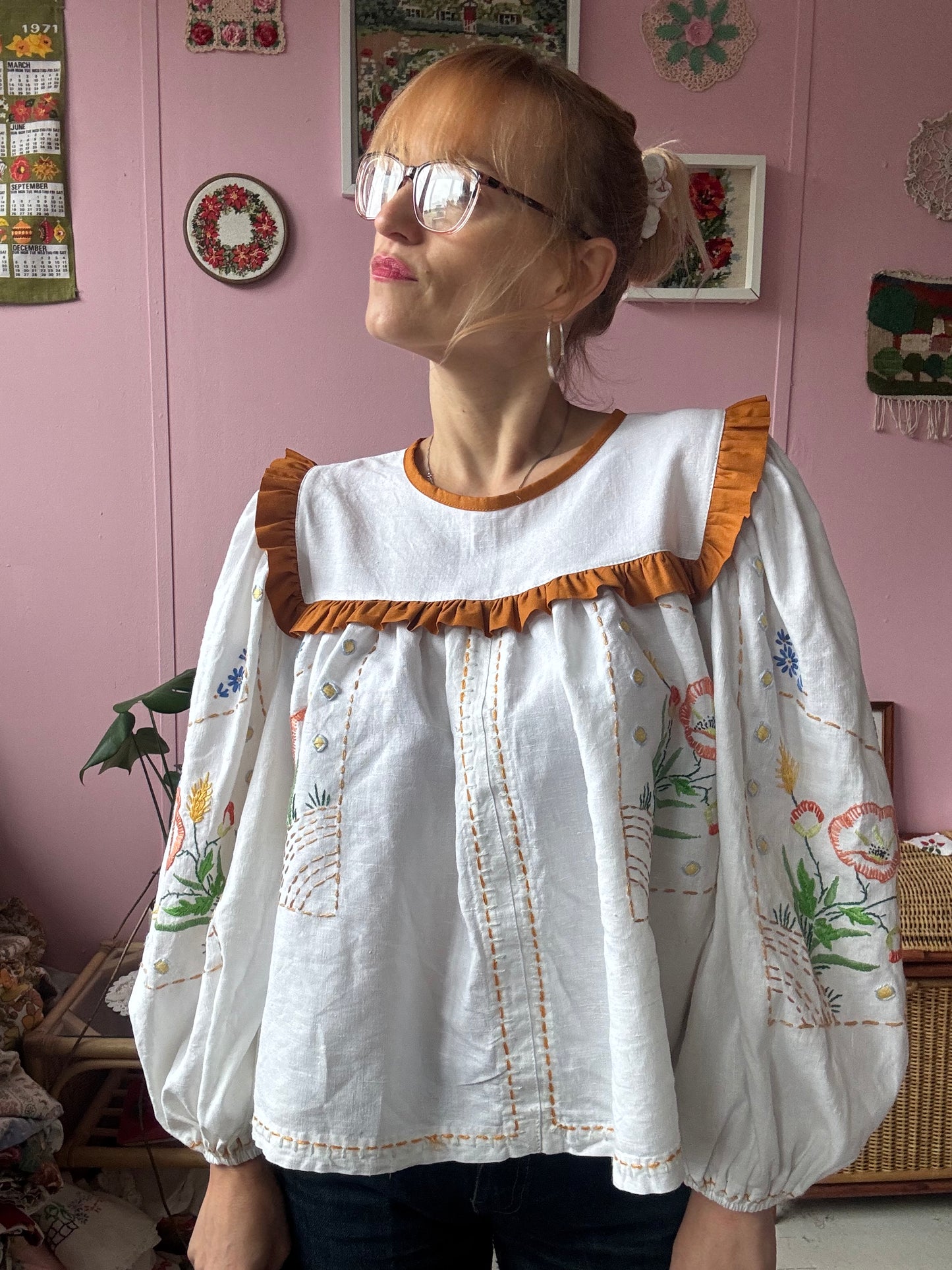 White linen blouse with hand embroidery
