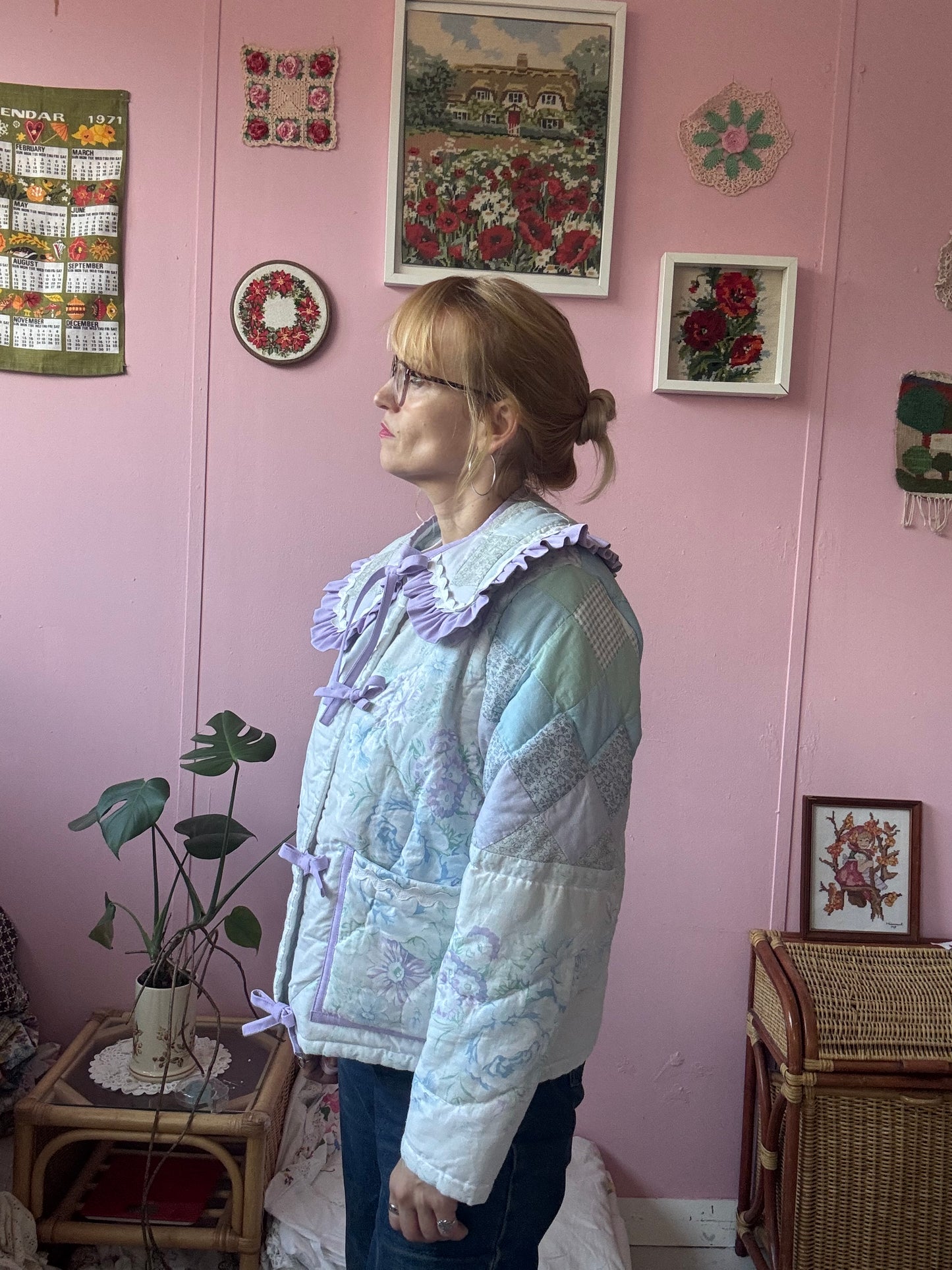 Light pastel patchwork jacket with lilac trims