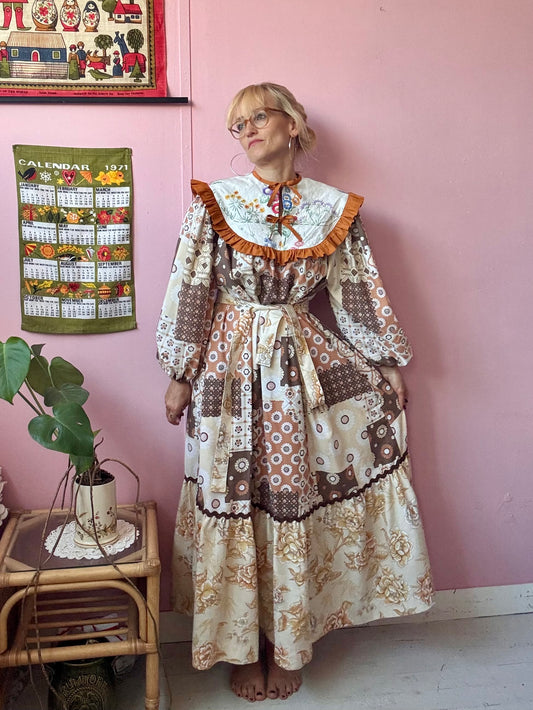 Brown maxi dress with embroidery yoke