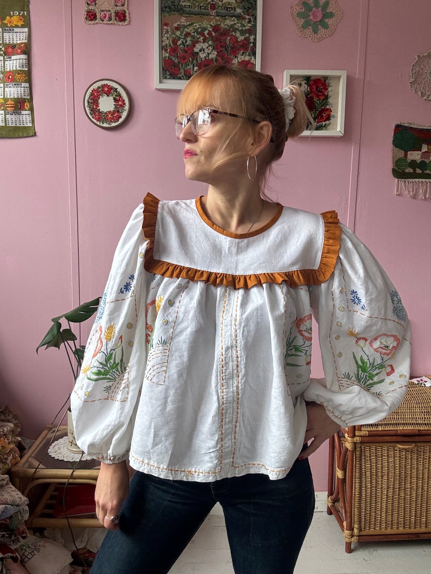White linen blouse with hand embroidery