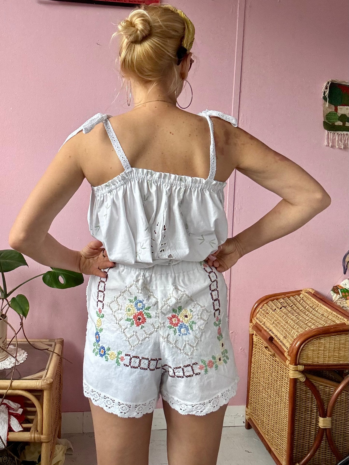 Cross stitching and lace shorts