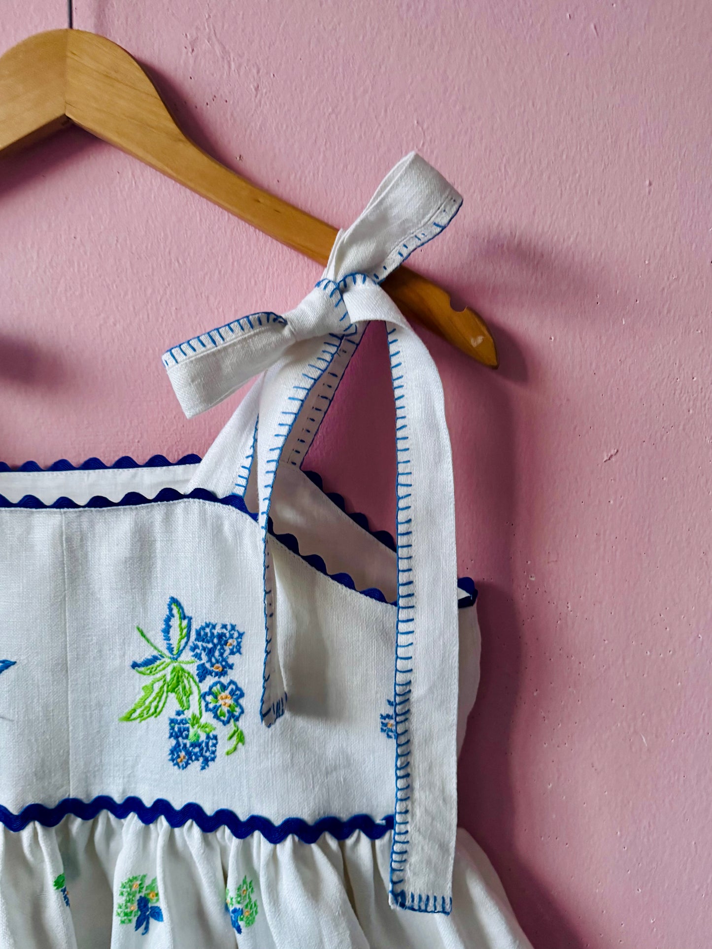 Linen  mini dress with blue floral embroidery