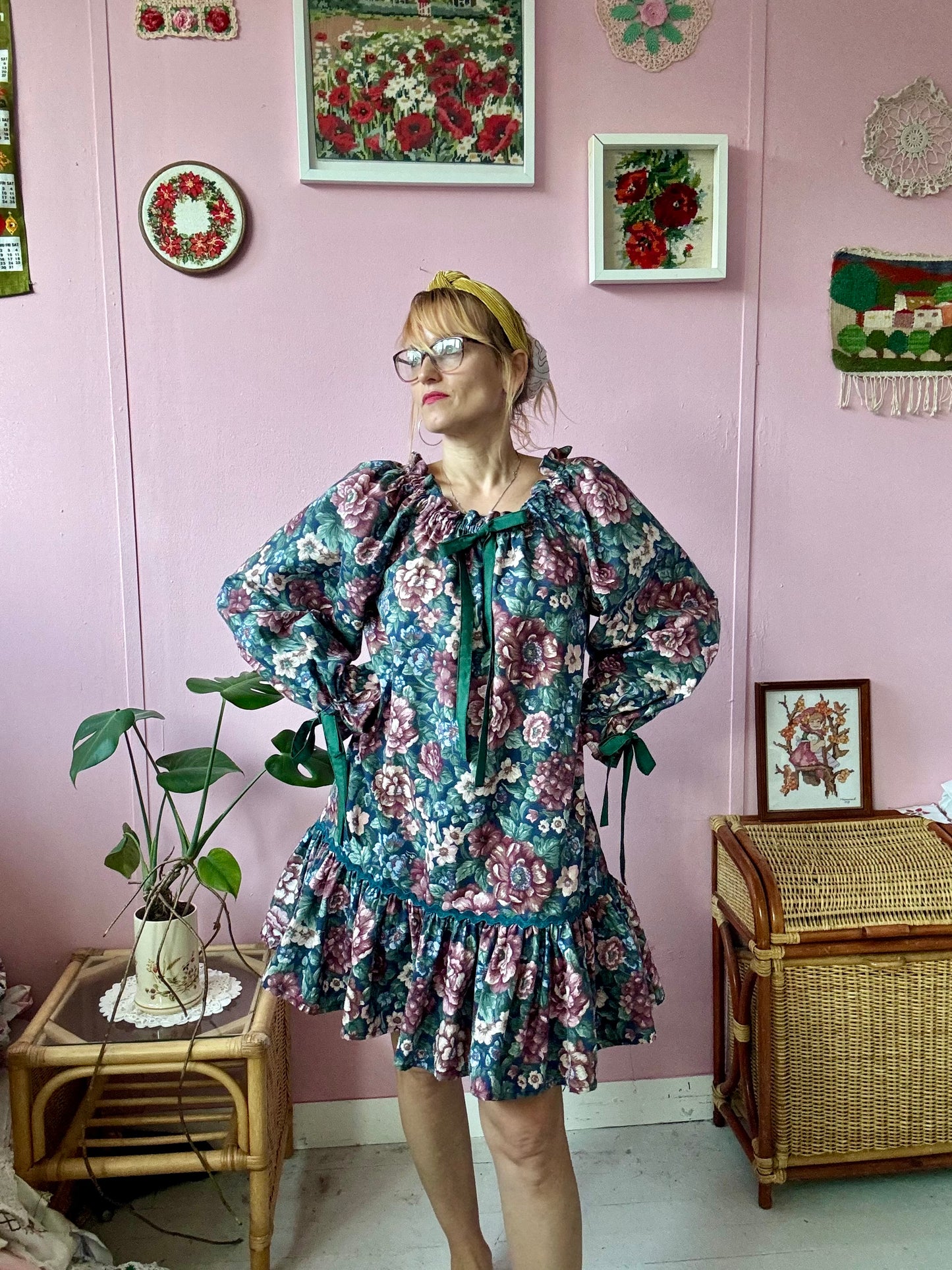 Navy floral dress with long sleeves