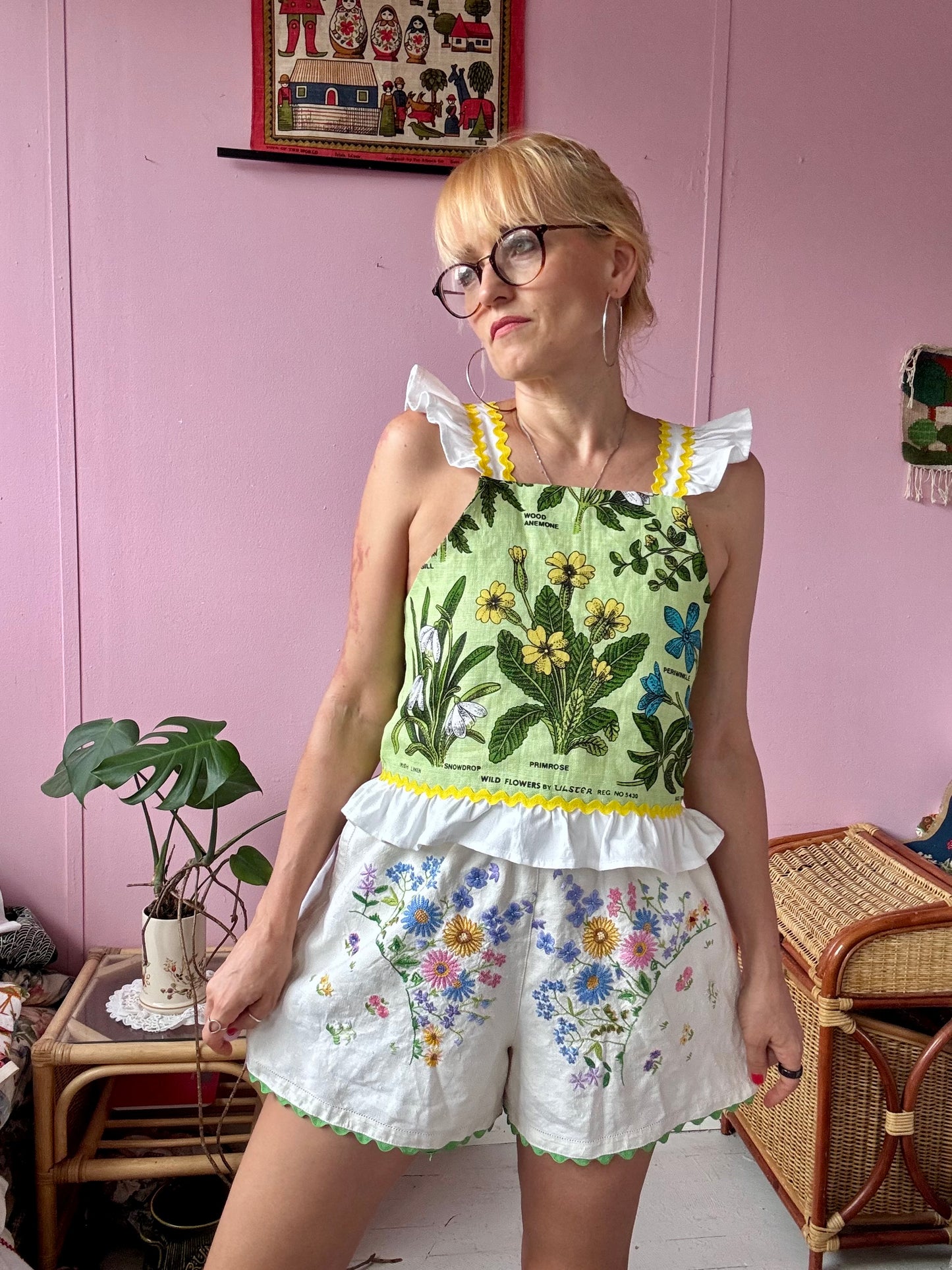 Floral shorts with green ric rac