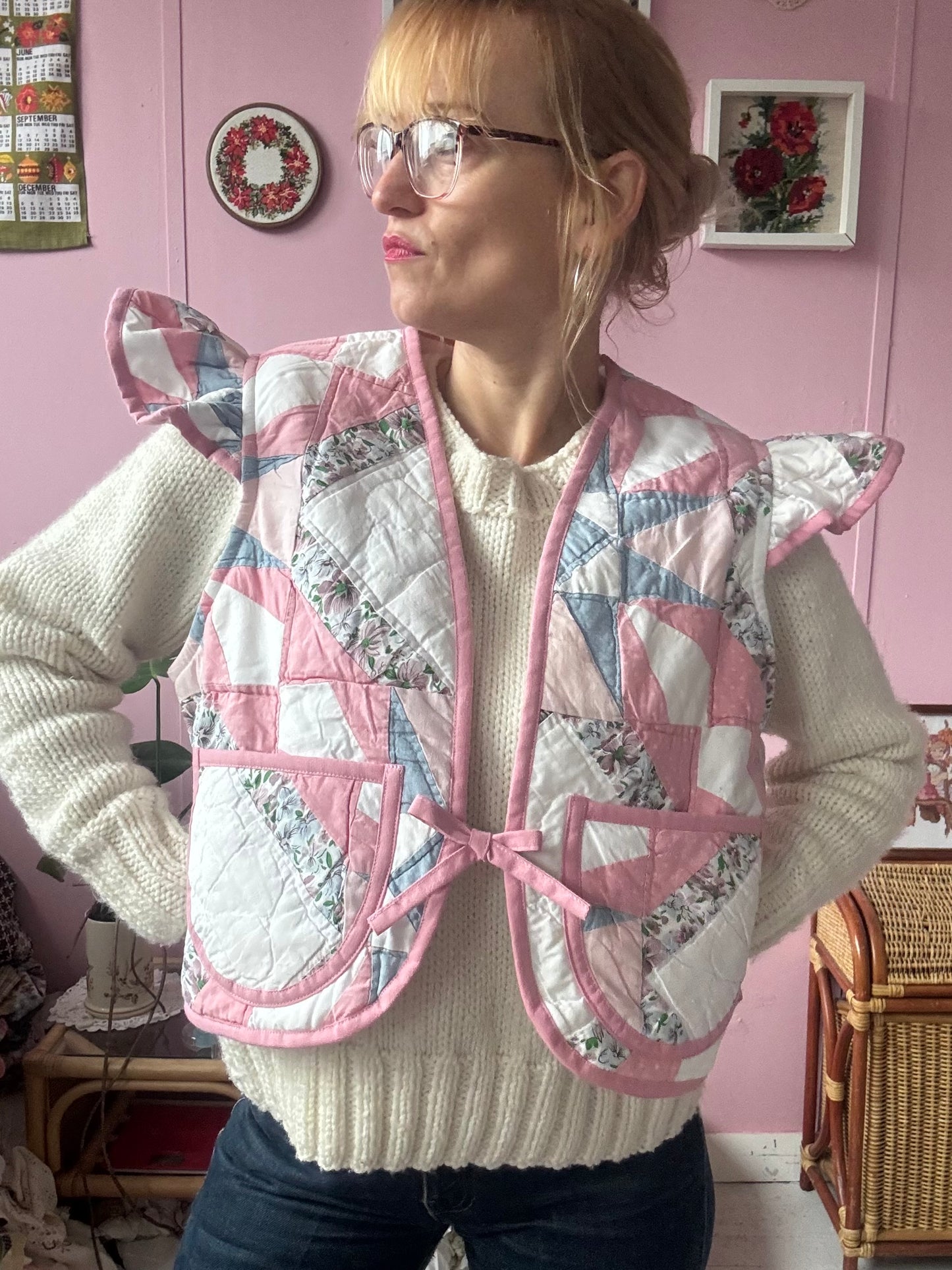 Pink/blue patchwork vest with sleeves