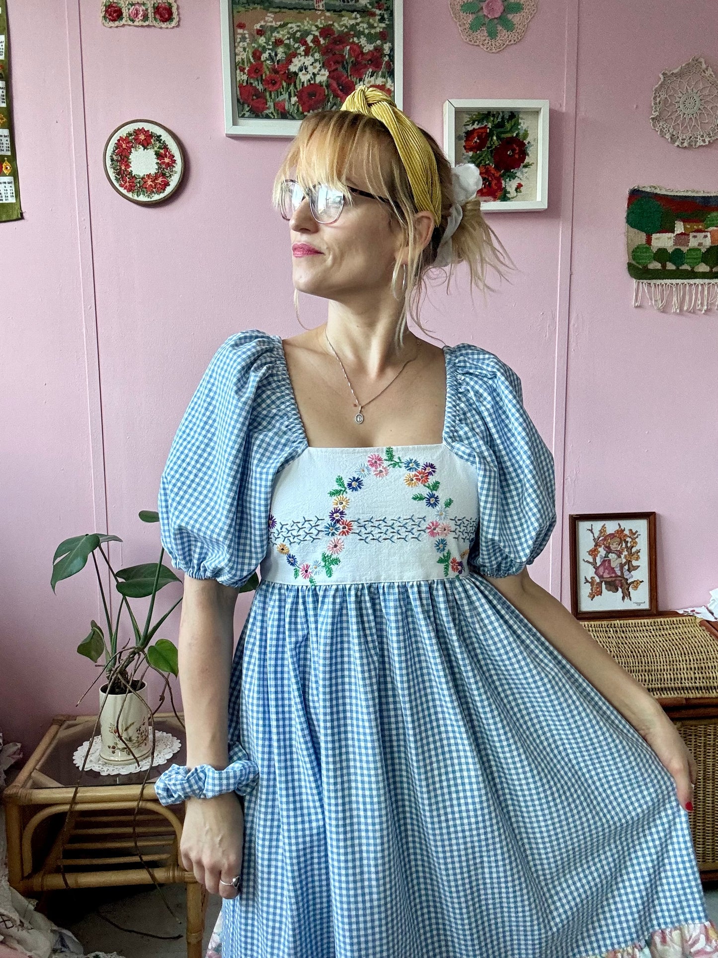 Blue gingham and floral embroidery dress