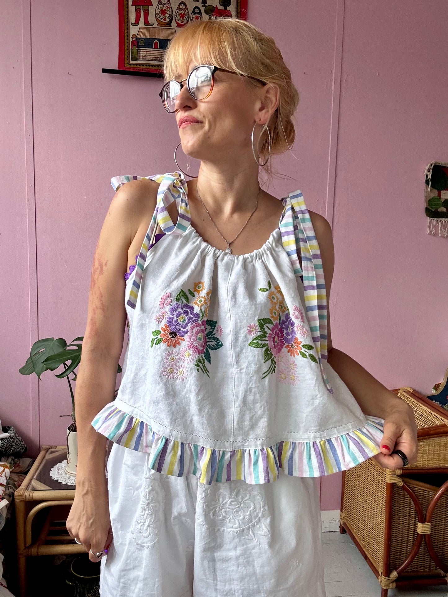 Floral top with stripes straps