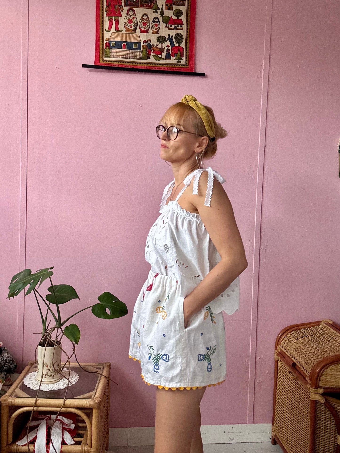 Linen floral shorts with yellow ric rac