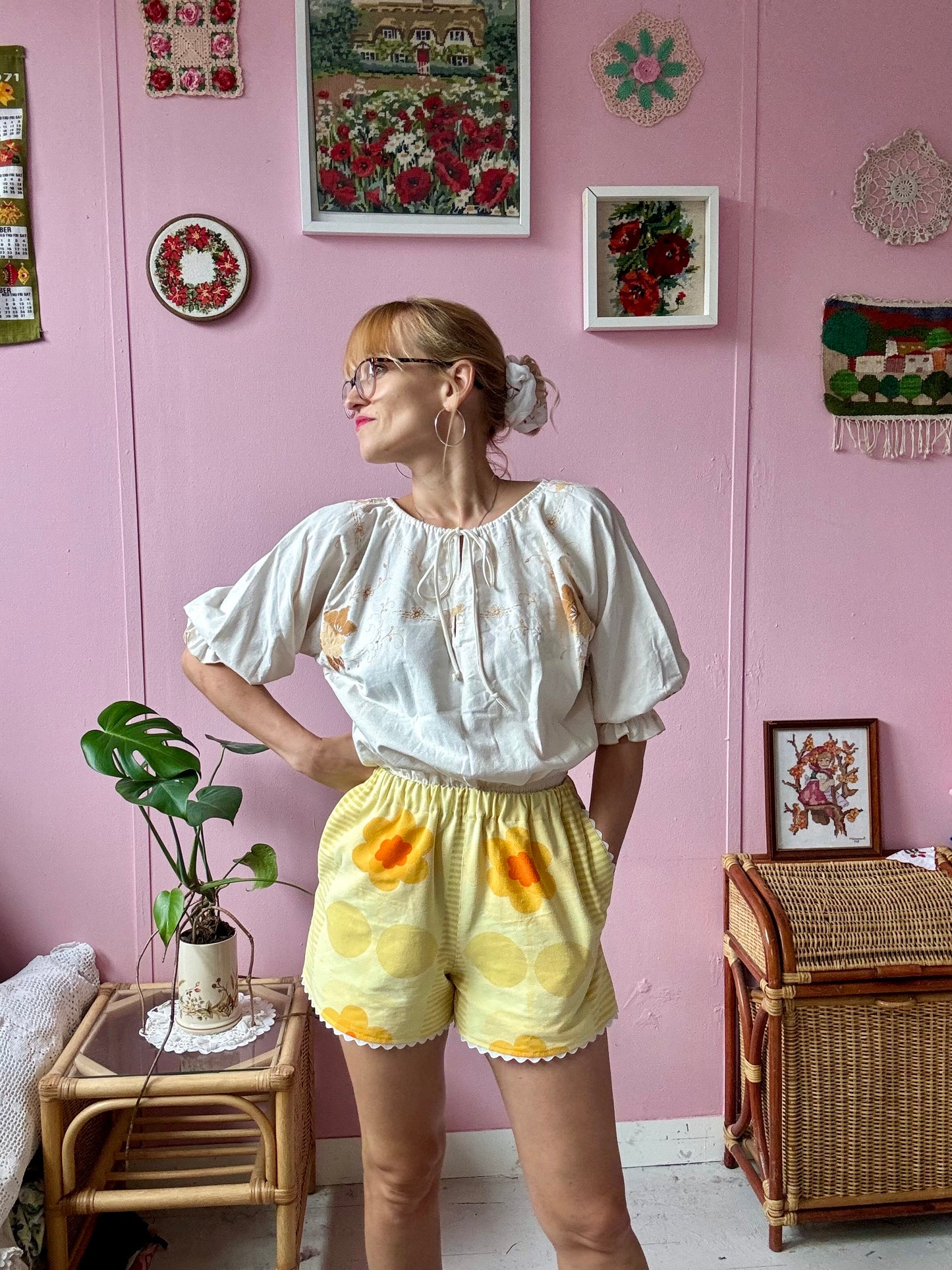 Yellow floral shorts with ric rac