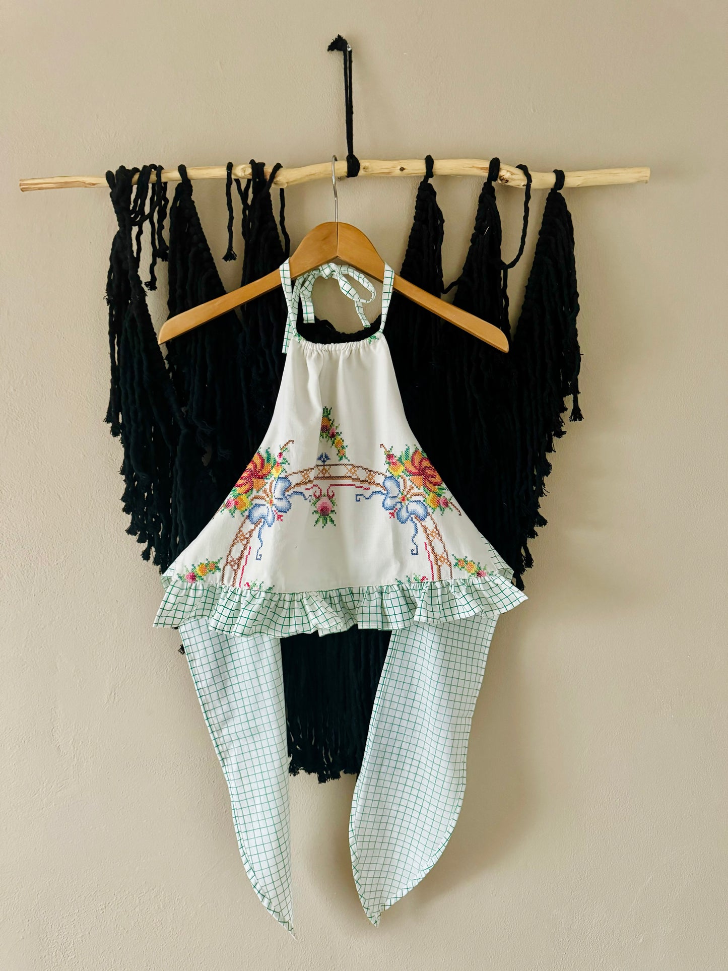 Cross stitch halter neck with green check back ties and frill