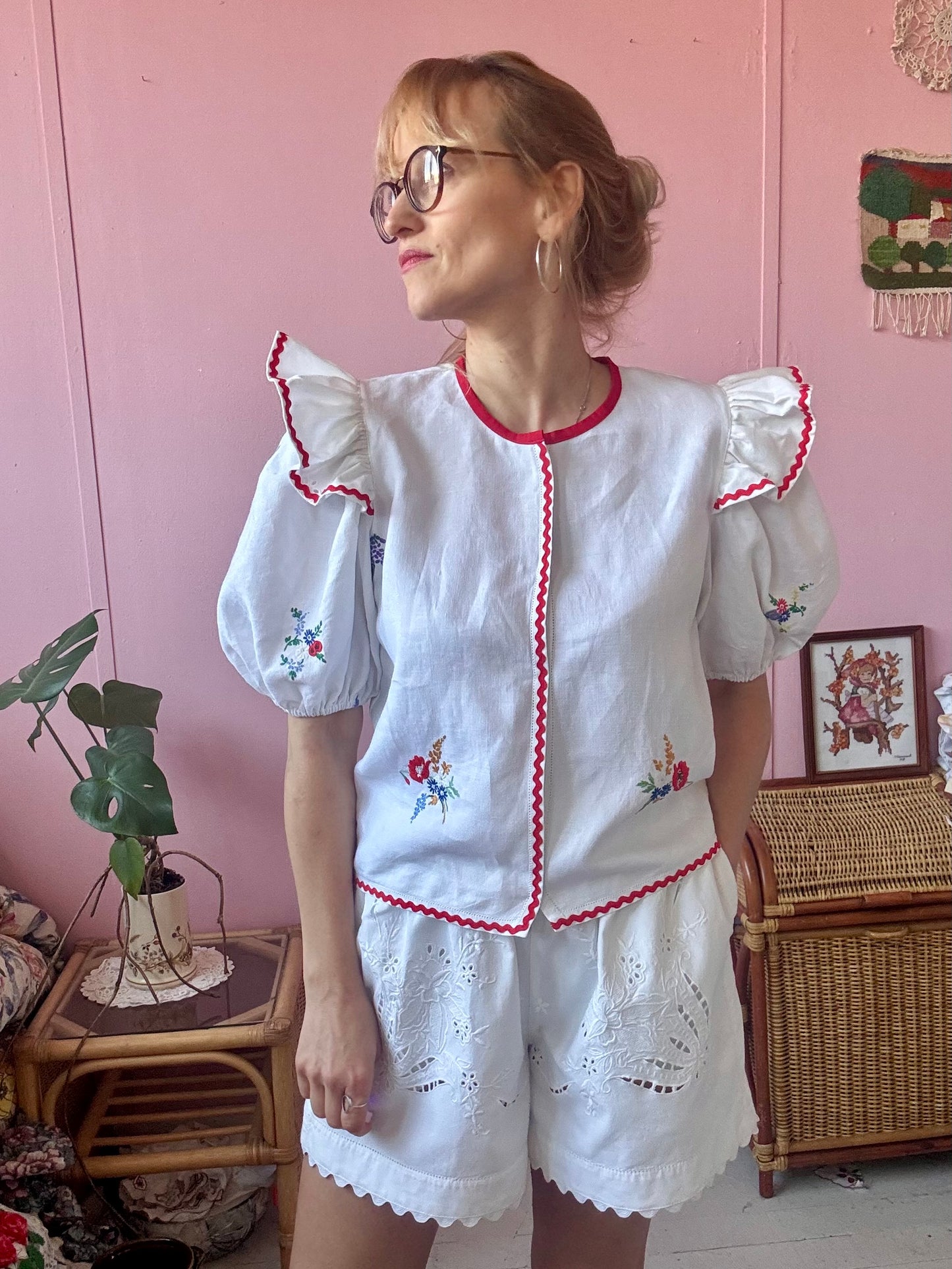 Linen blouse with red ric rac