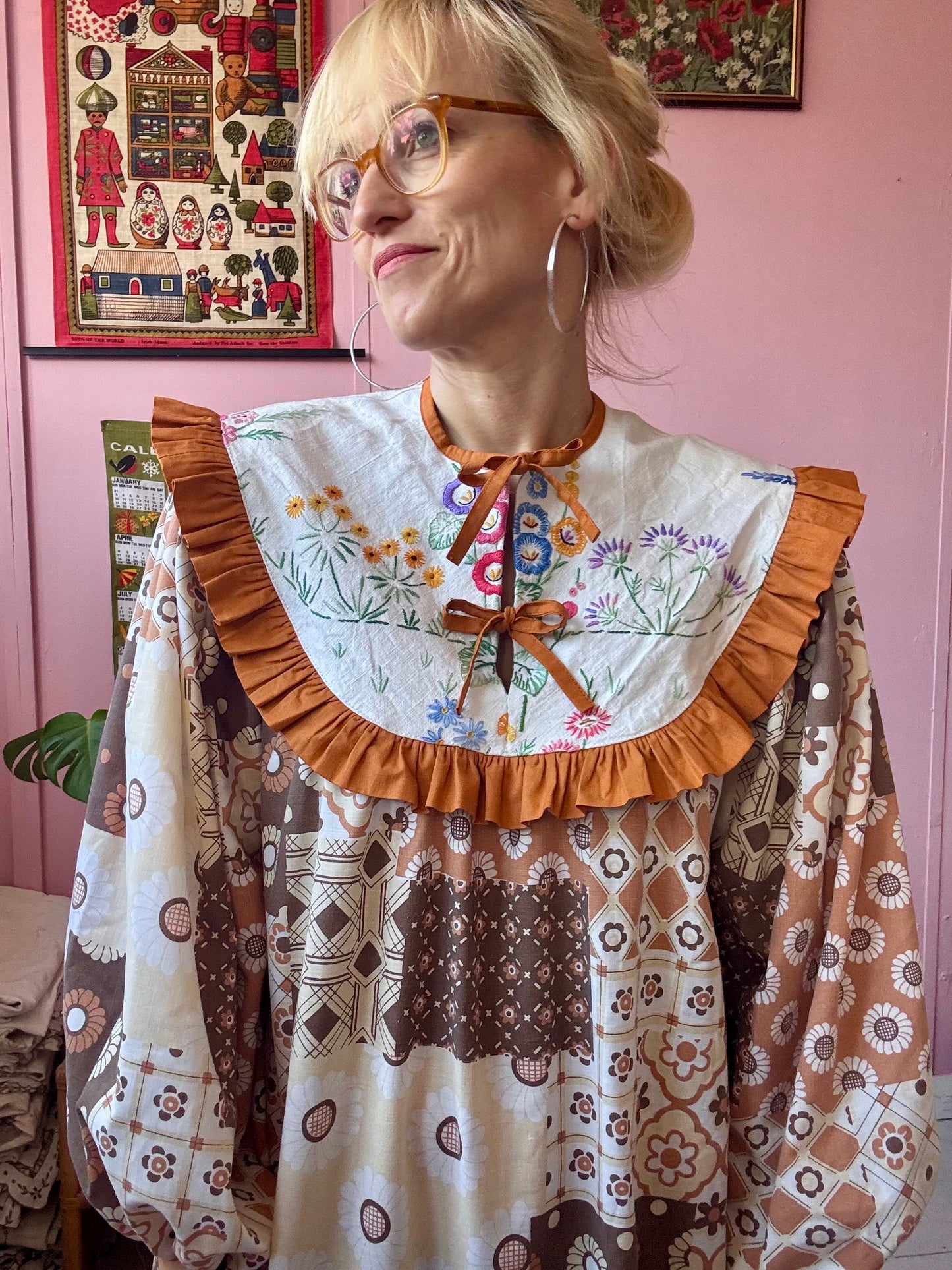 Brown maxi dress with embroidery yoke