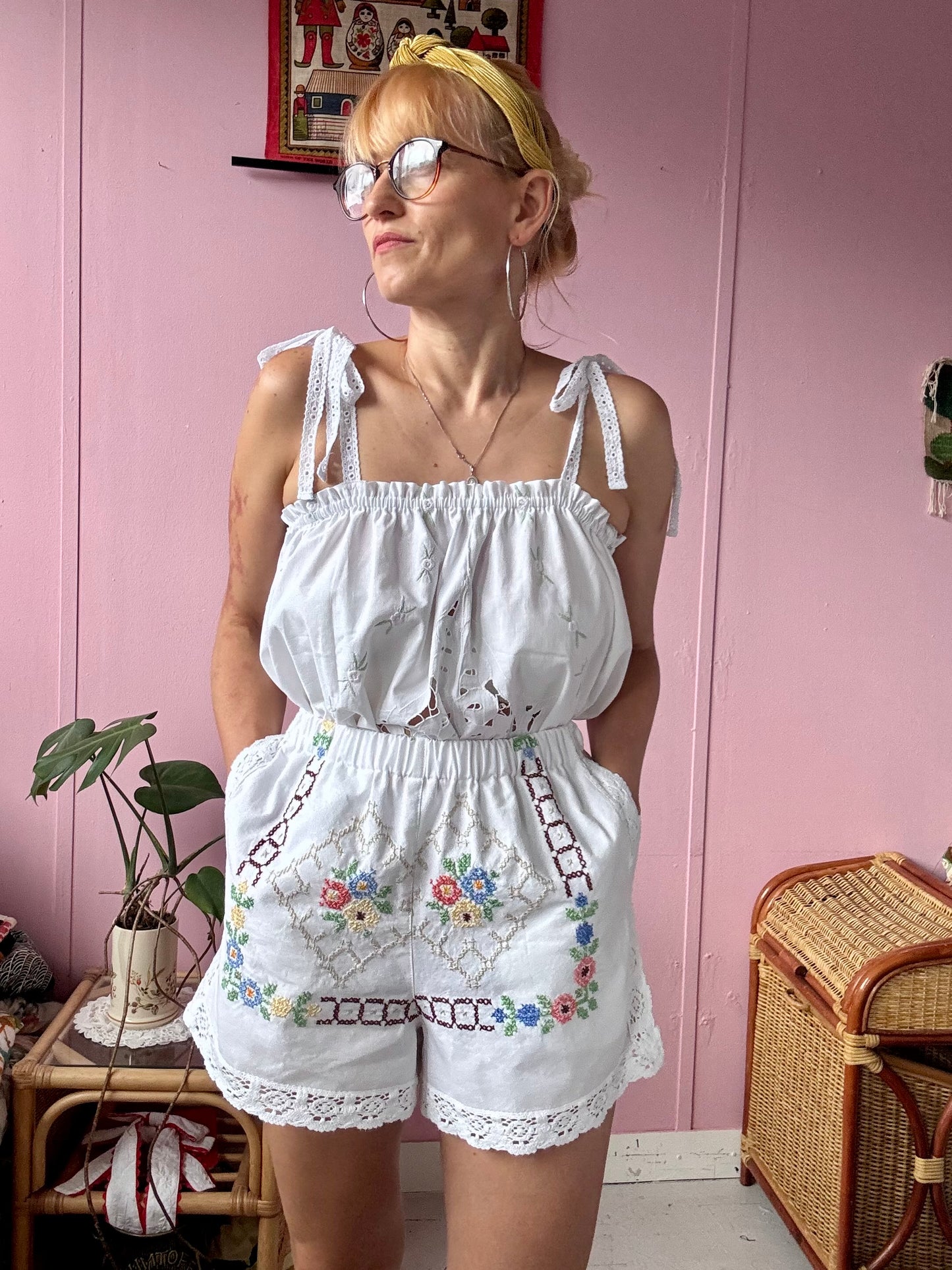 Cross stitching and lace shorts