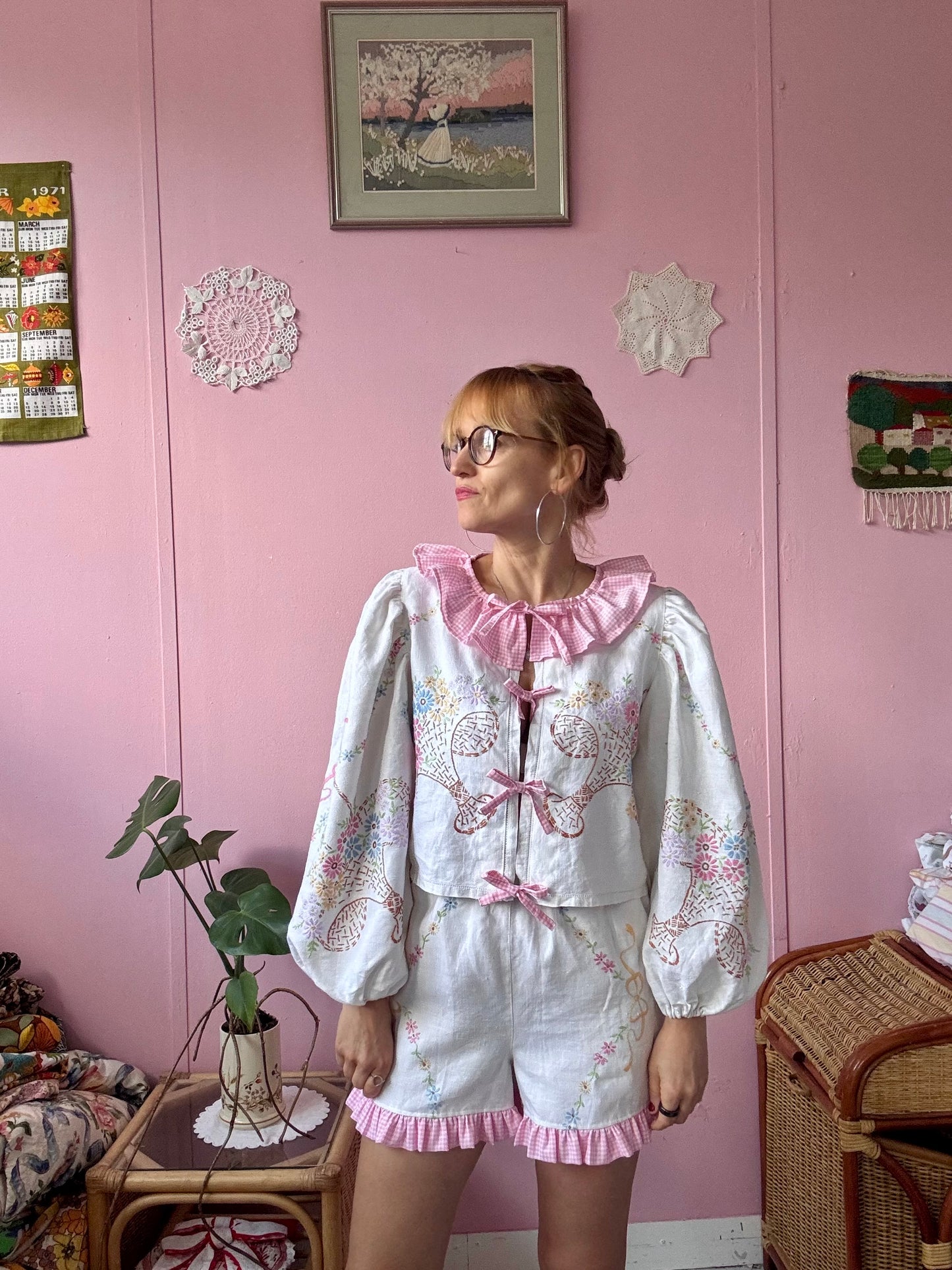 Embroidery and pink gingham shorts set