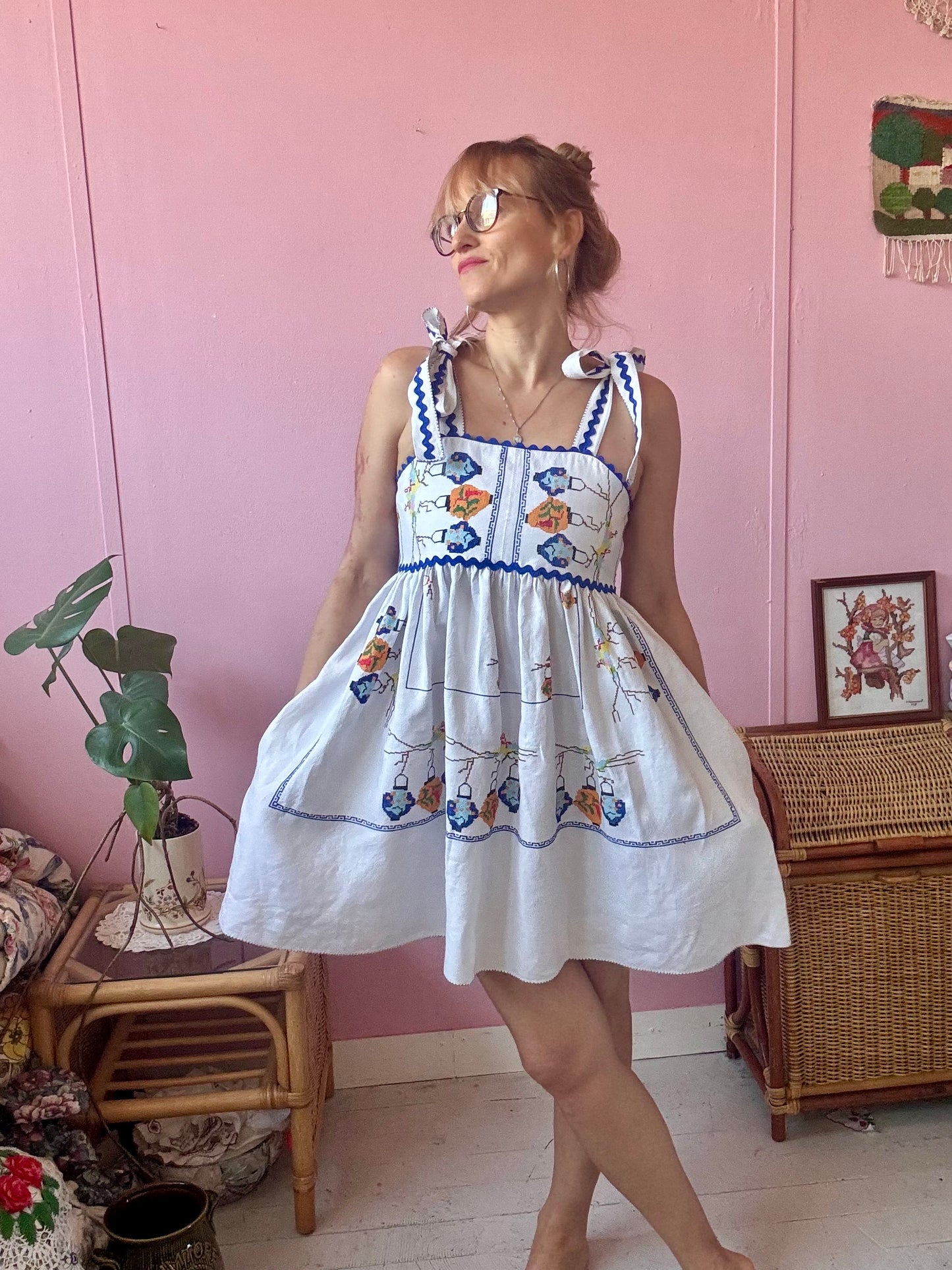 Linen mini dress with cross stitching