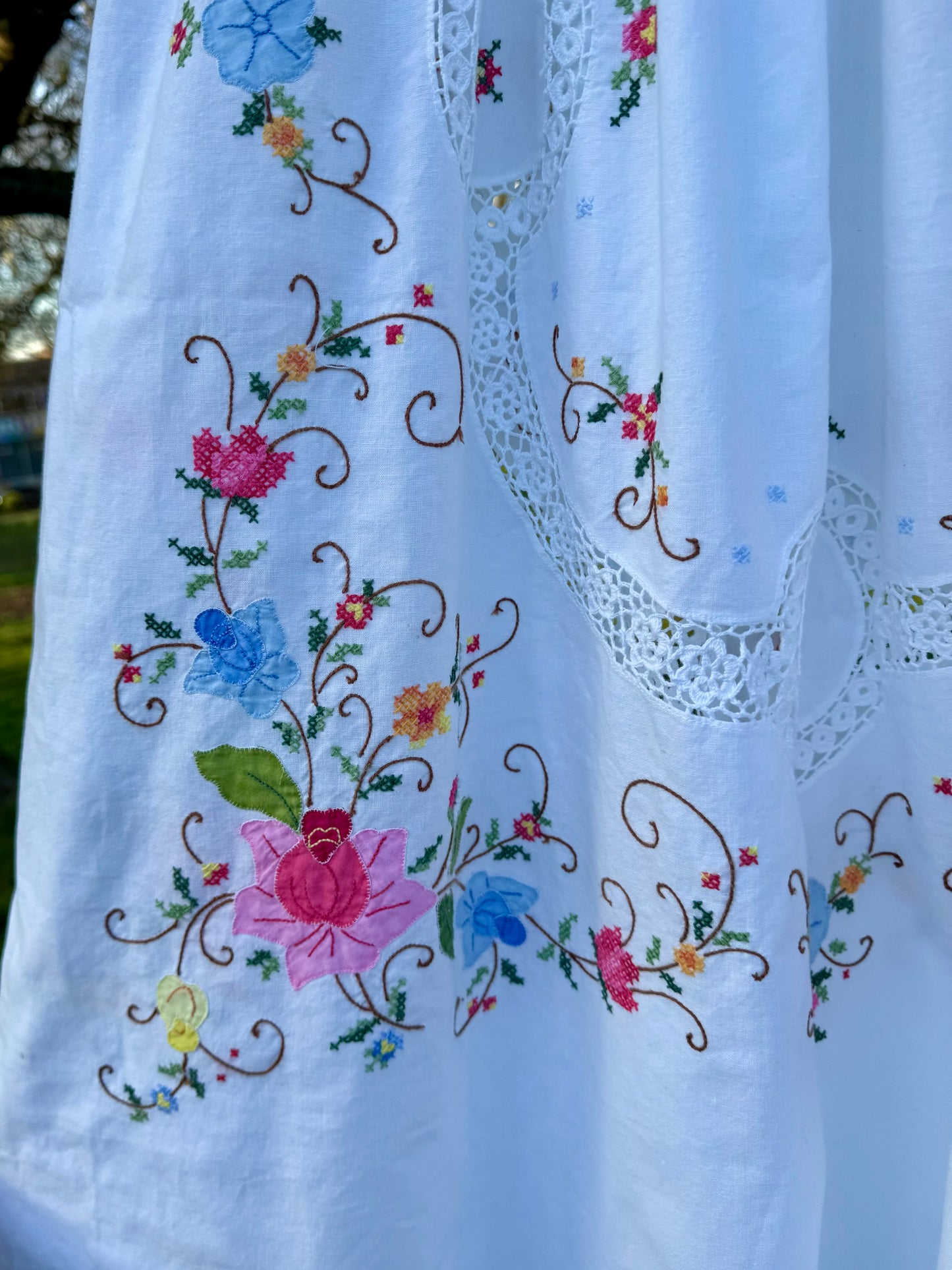 White maxi dress with appliqué,embroidery and lace panels