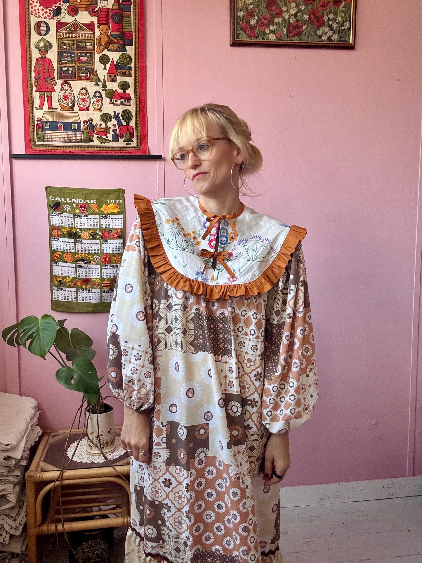 Brown maxi dress with embroidery yoke