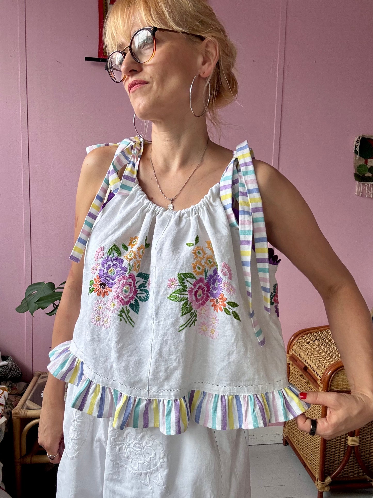 Floral top with stripes straps