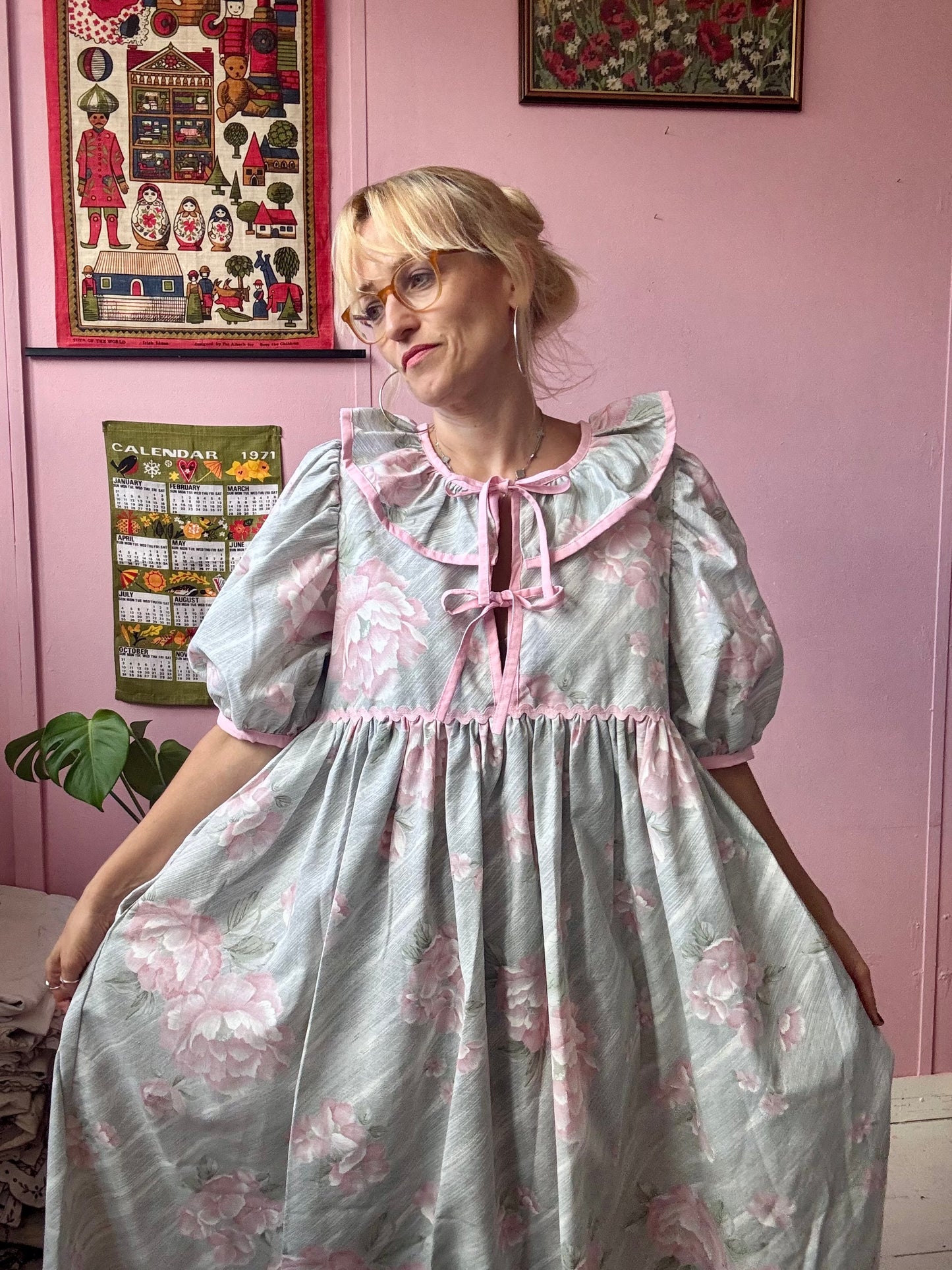 Pink/grey roses maxi dress