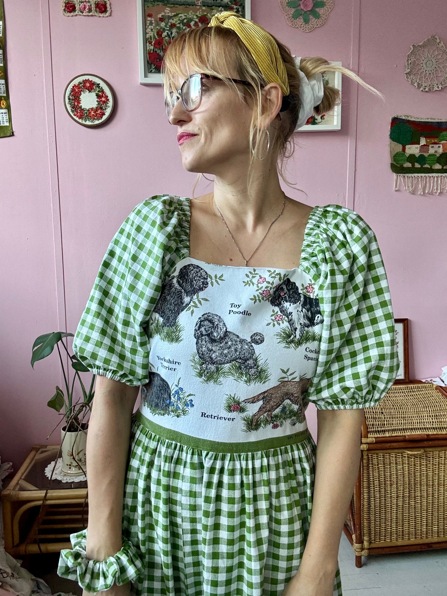 Teatowel with dogs and green gingham maxi dress