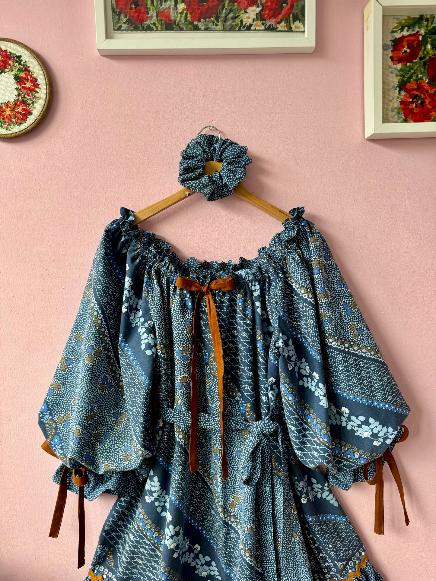 Blue and brown dress with long sleeves