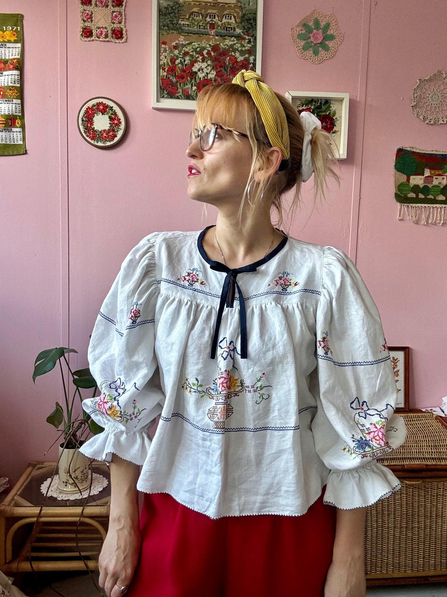 Linen blouse with cross stitching embroidery