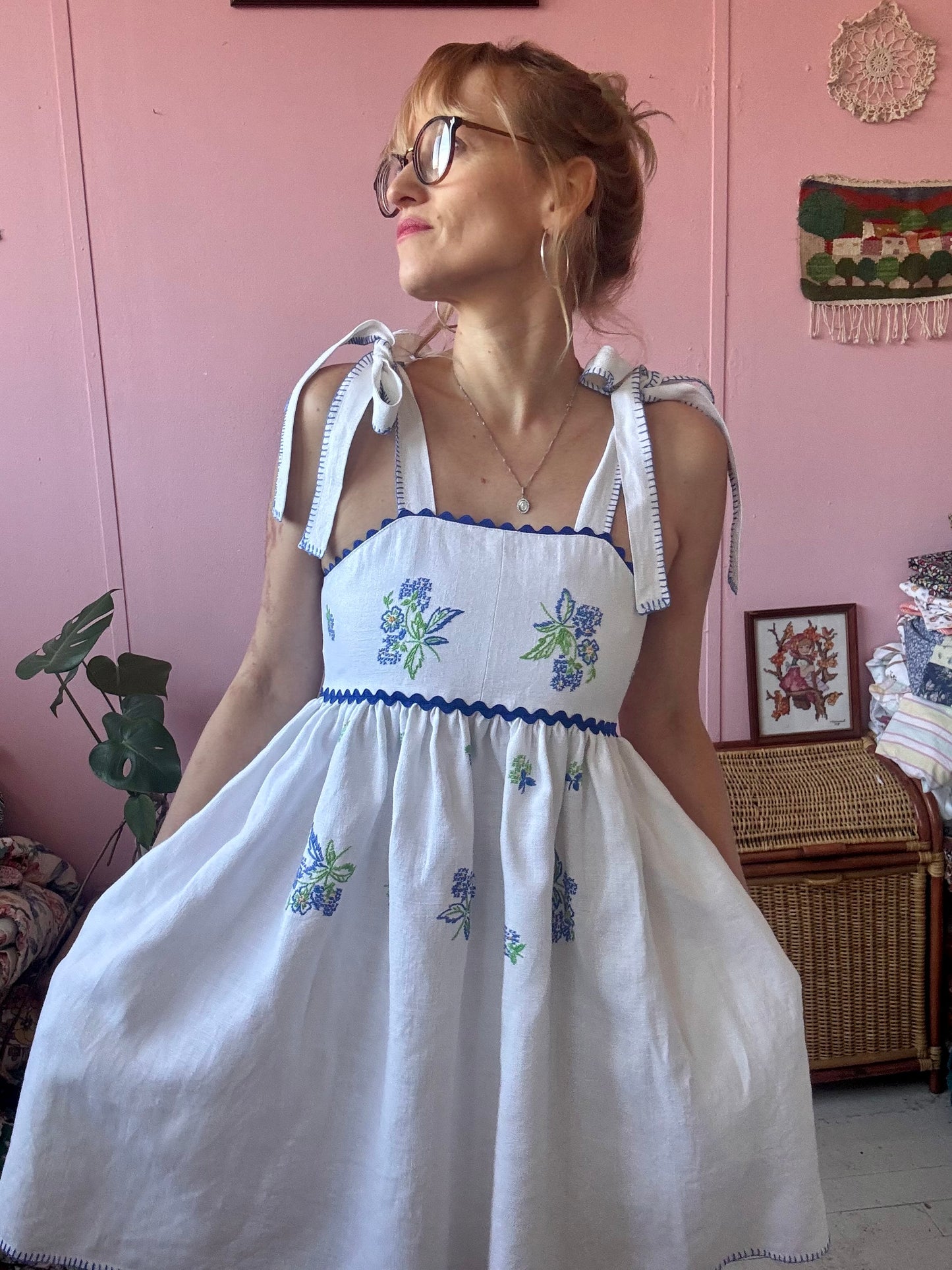 Linen  mini dress with blue floral embroidery