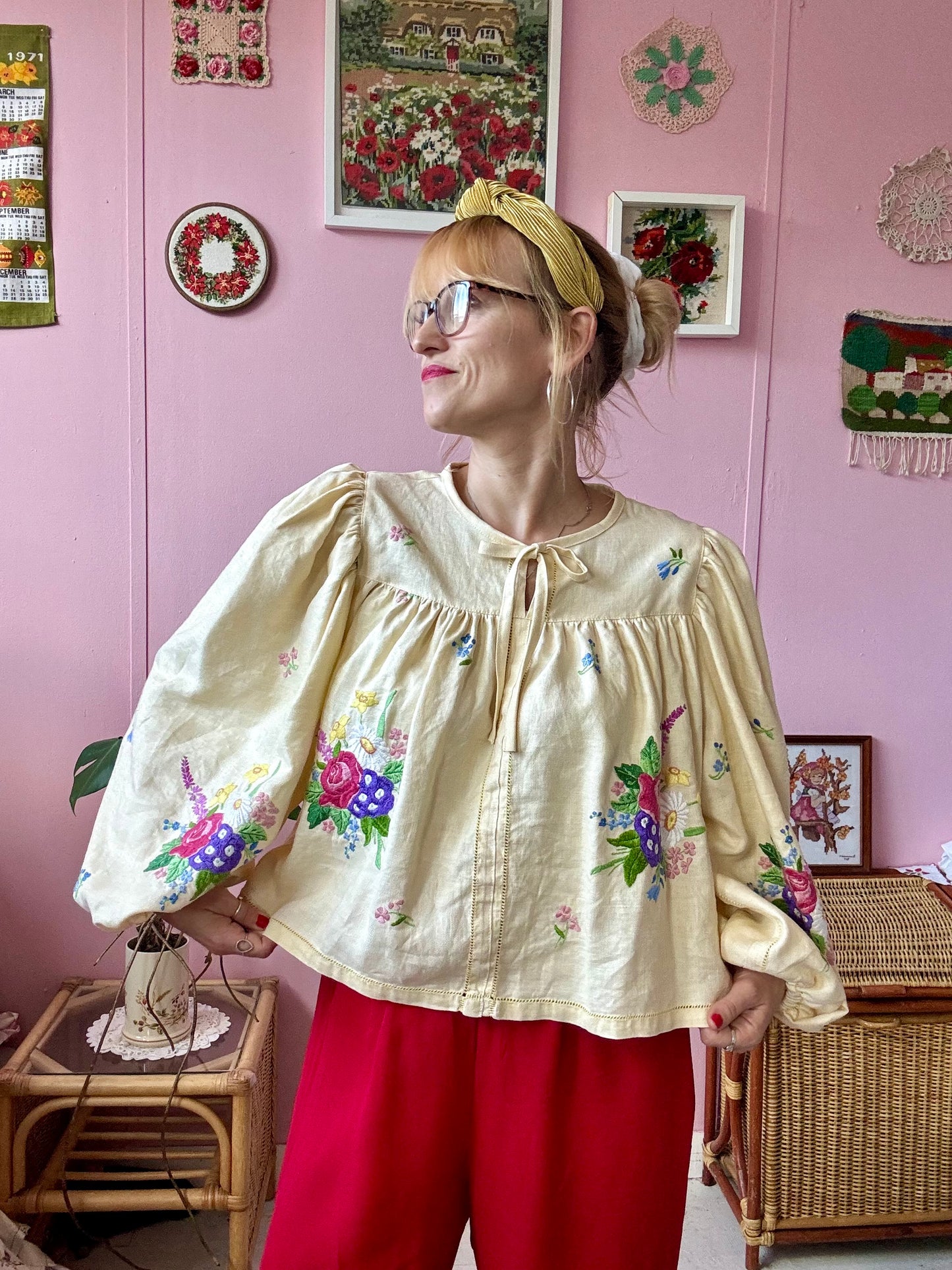 Yellow blouse with floral embroidery