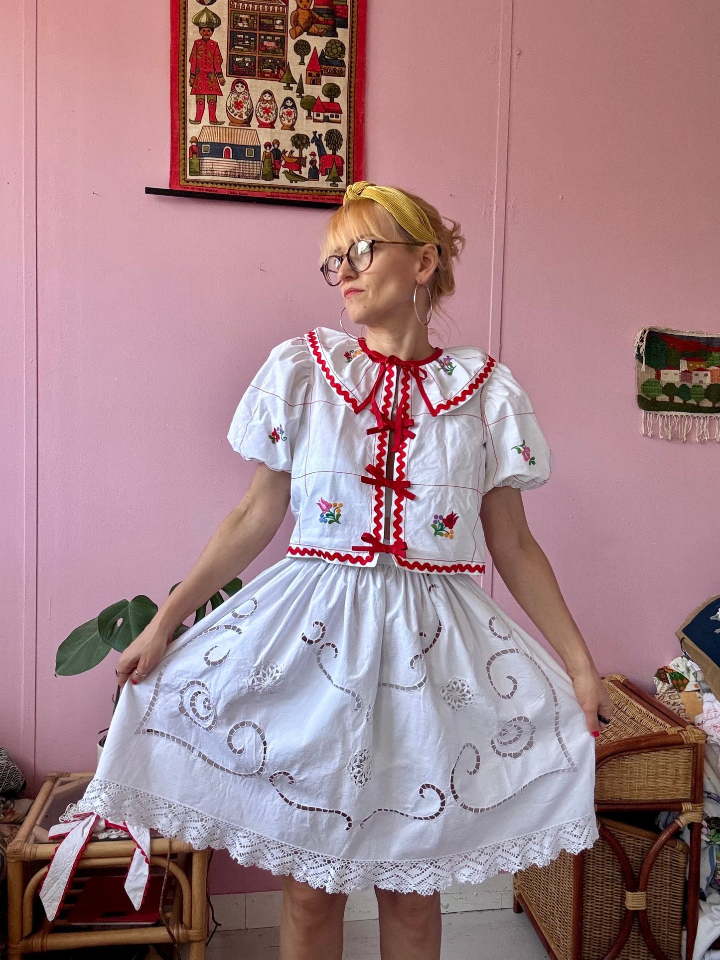 White skirt with cut out hand embroidery