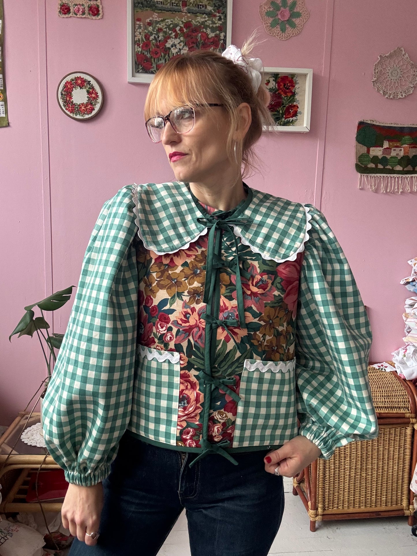 Floral and green gingham jacket
