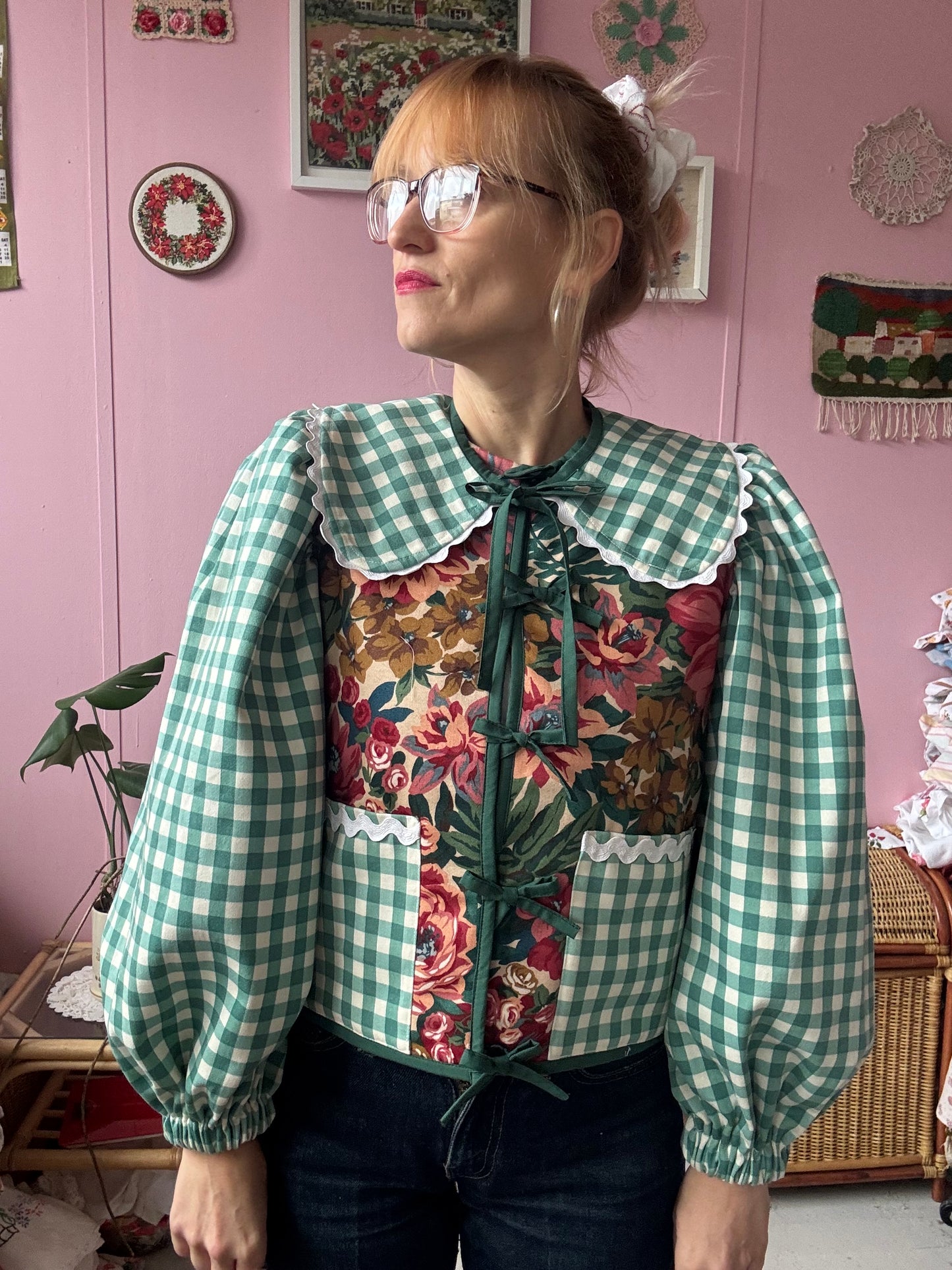 Floral and green gingham jacket