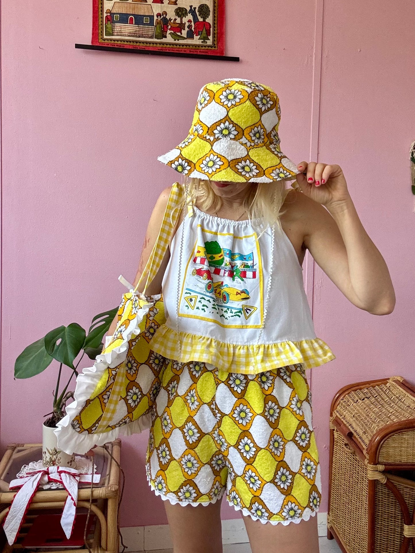 Yellow towel shorts set with bag and bucket hat