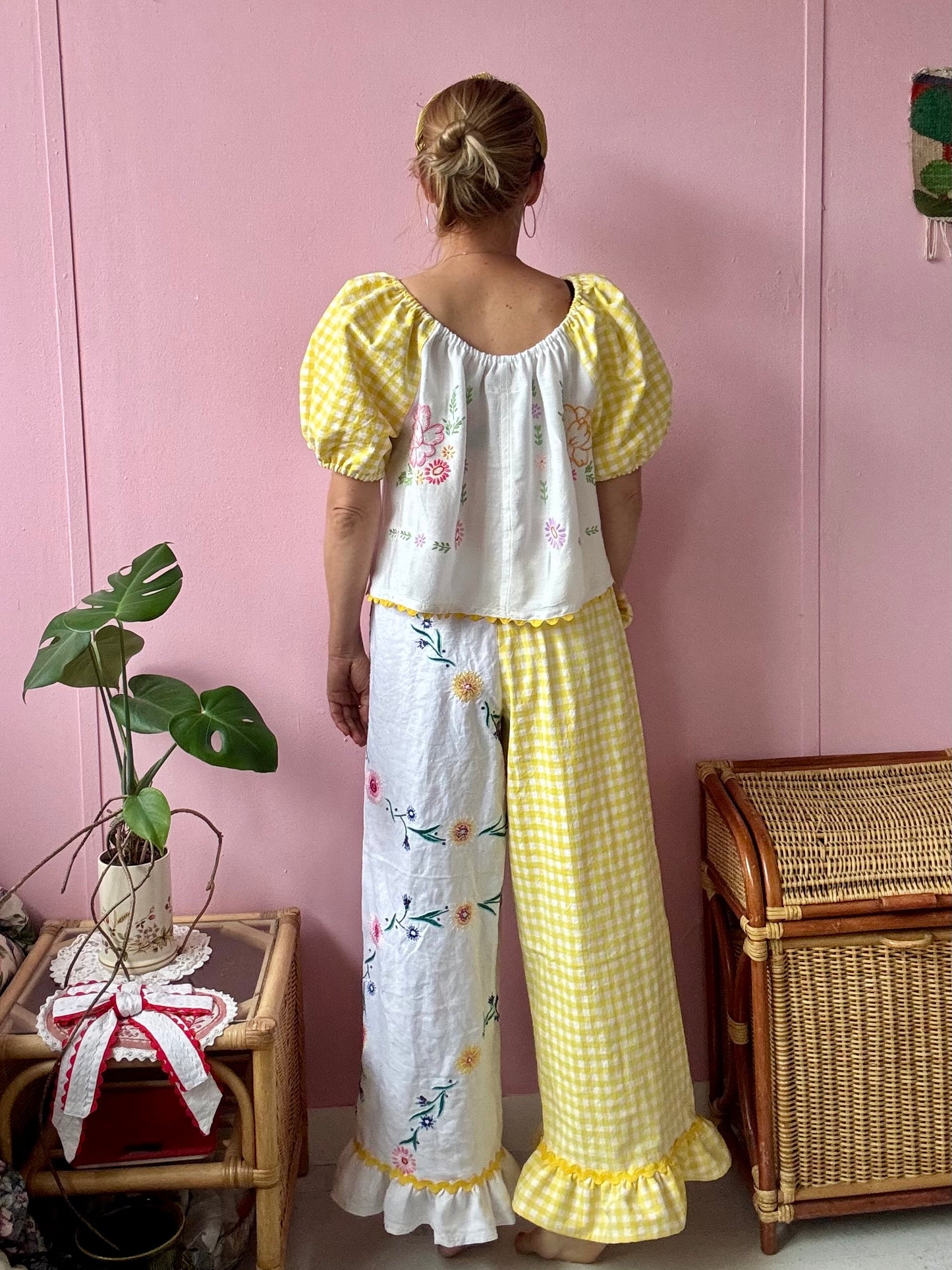 Yellow gingham and floral trousers
